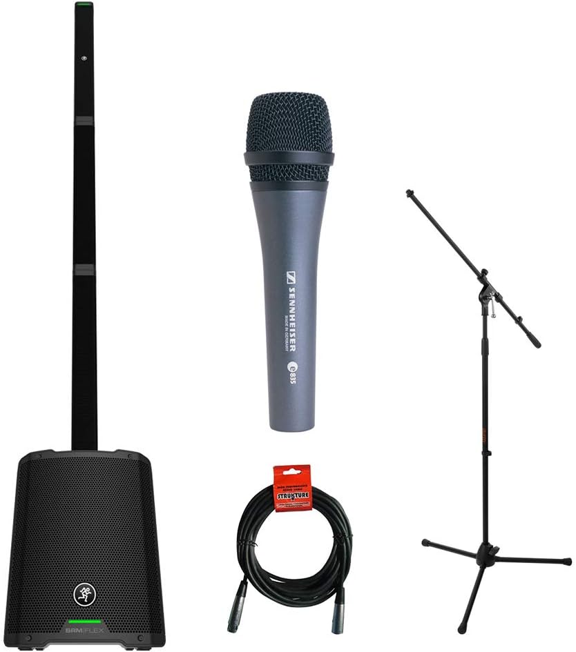 Mackie SRM-FLEX Portable 1300W Column PA System with Sennheiser e 835 Microphone, Tripod Mic Stand & XLR Cable Bundle