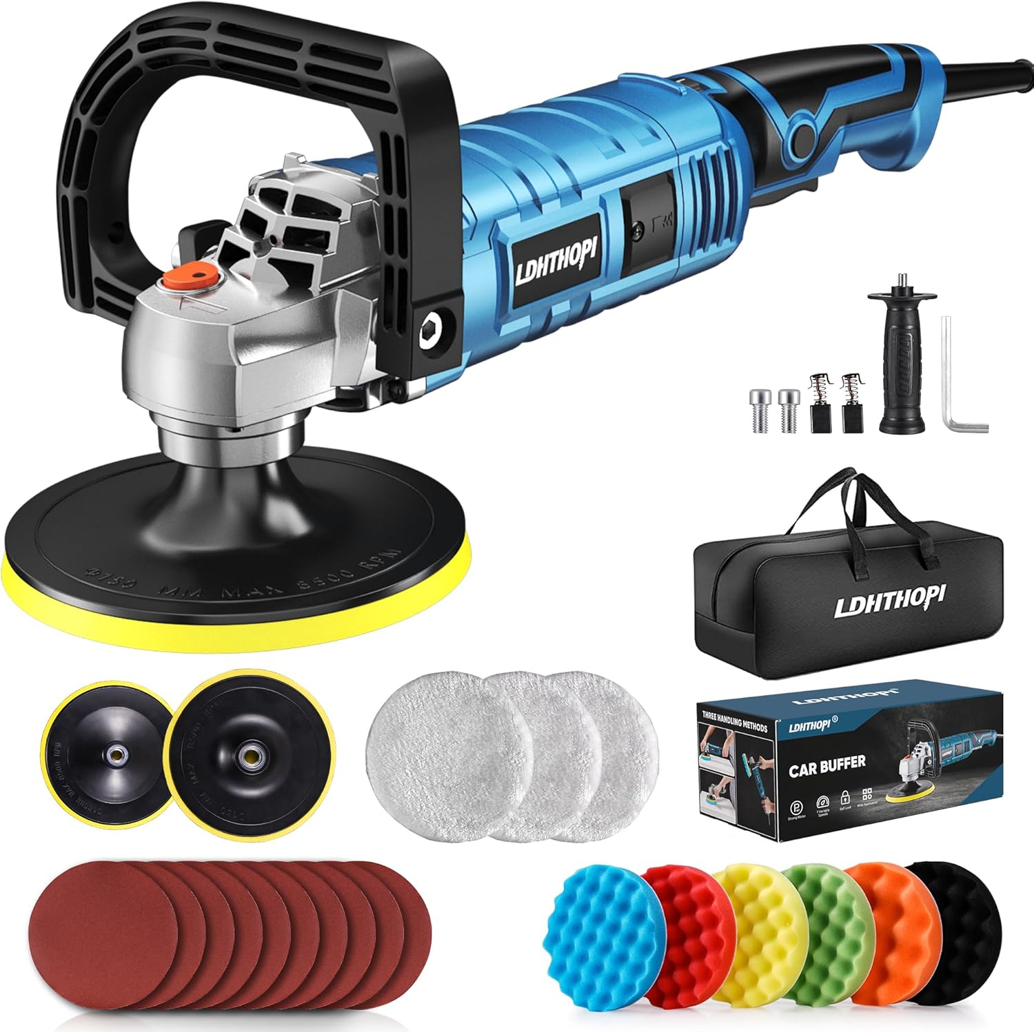 Buffer Polisher Kit for Car - 6/7 Inch Rotary 1600w Polisher Buffer Waxer,7 Variable Speed 1000-3500rpm,Detachable Handle Buffing Machine for Car, Boat Sanding, Polishing Waxing, Blue 2