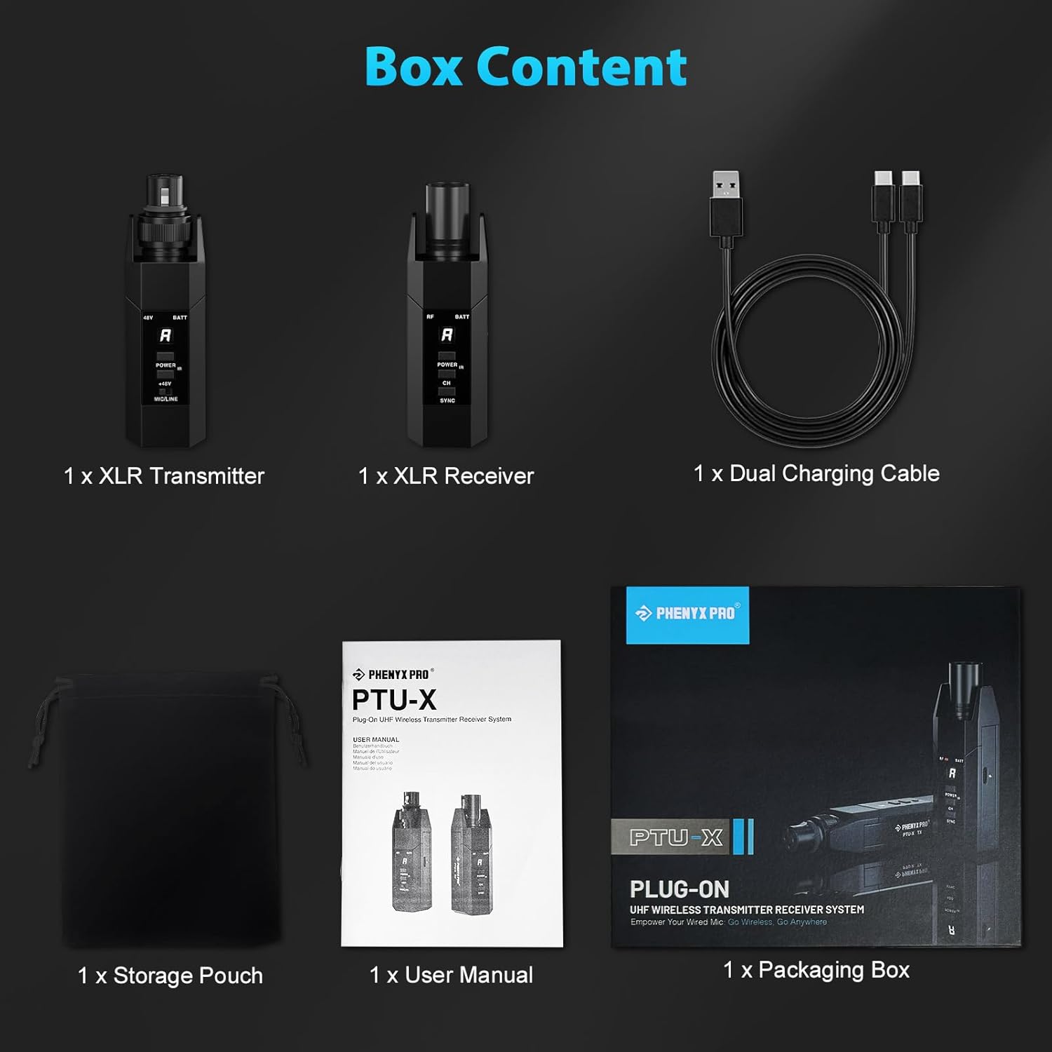 Phenyx Pro Plug-on XLR Wireless Transmitter Receiver System, Wired-to-Wireless Microphone System w/ 16 UHF Frequencies, Auto-Scan, XLR Microphone Adapter for Both Dynamic Mic and Condenser Mic (PTU-X)
