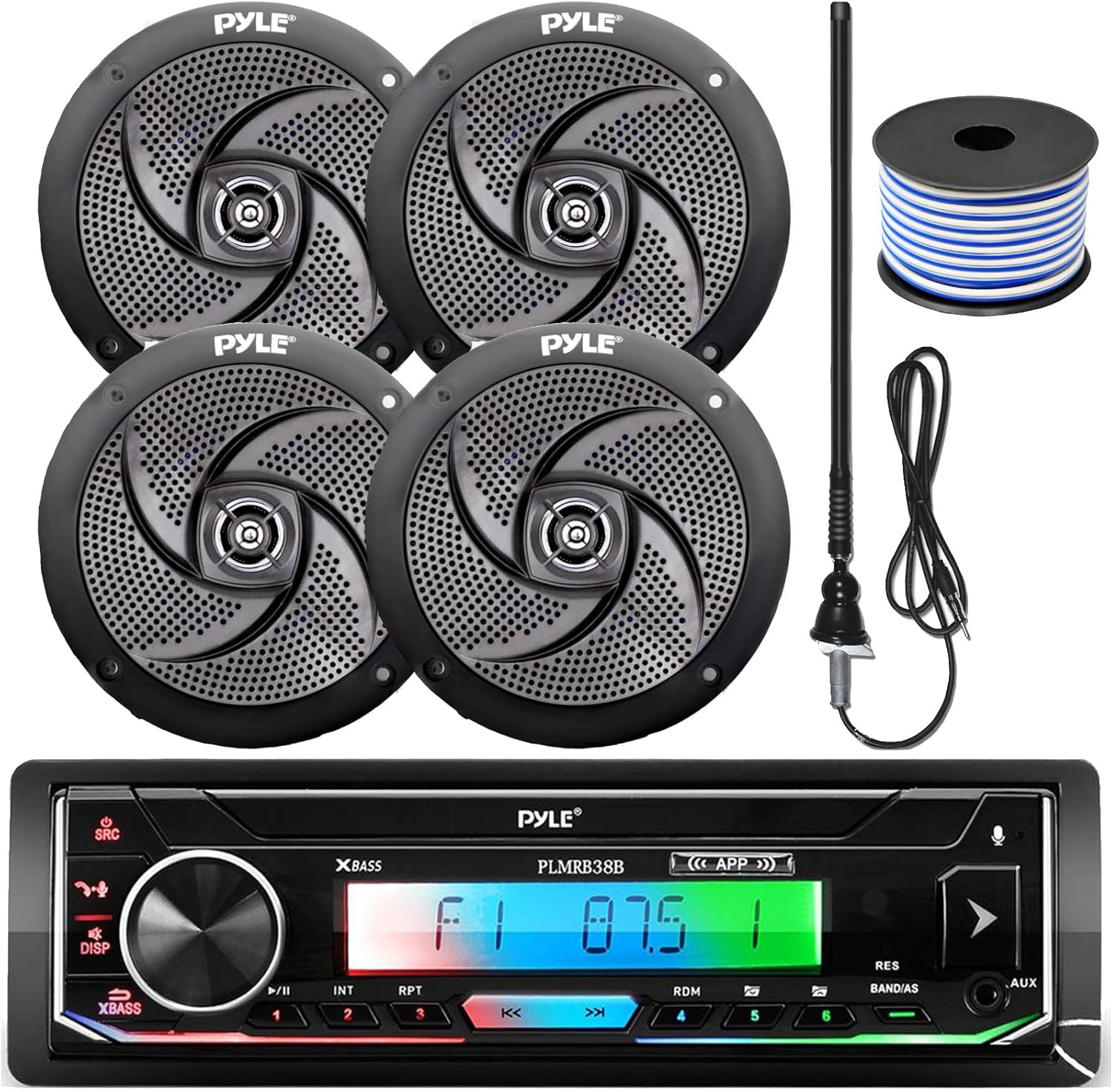 Pyle 16-25' Bay Boat Single DIN Bluetooth Marine Stereo Receiver Bundle Combo with 4X 5.25'' 180 Watt Black Waterproof Boat Speakers, 18 Gauge 50 Feet Speaker Wire, Black Rubber Mast Radio Antenna