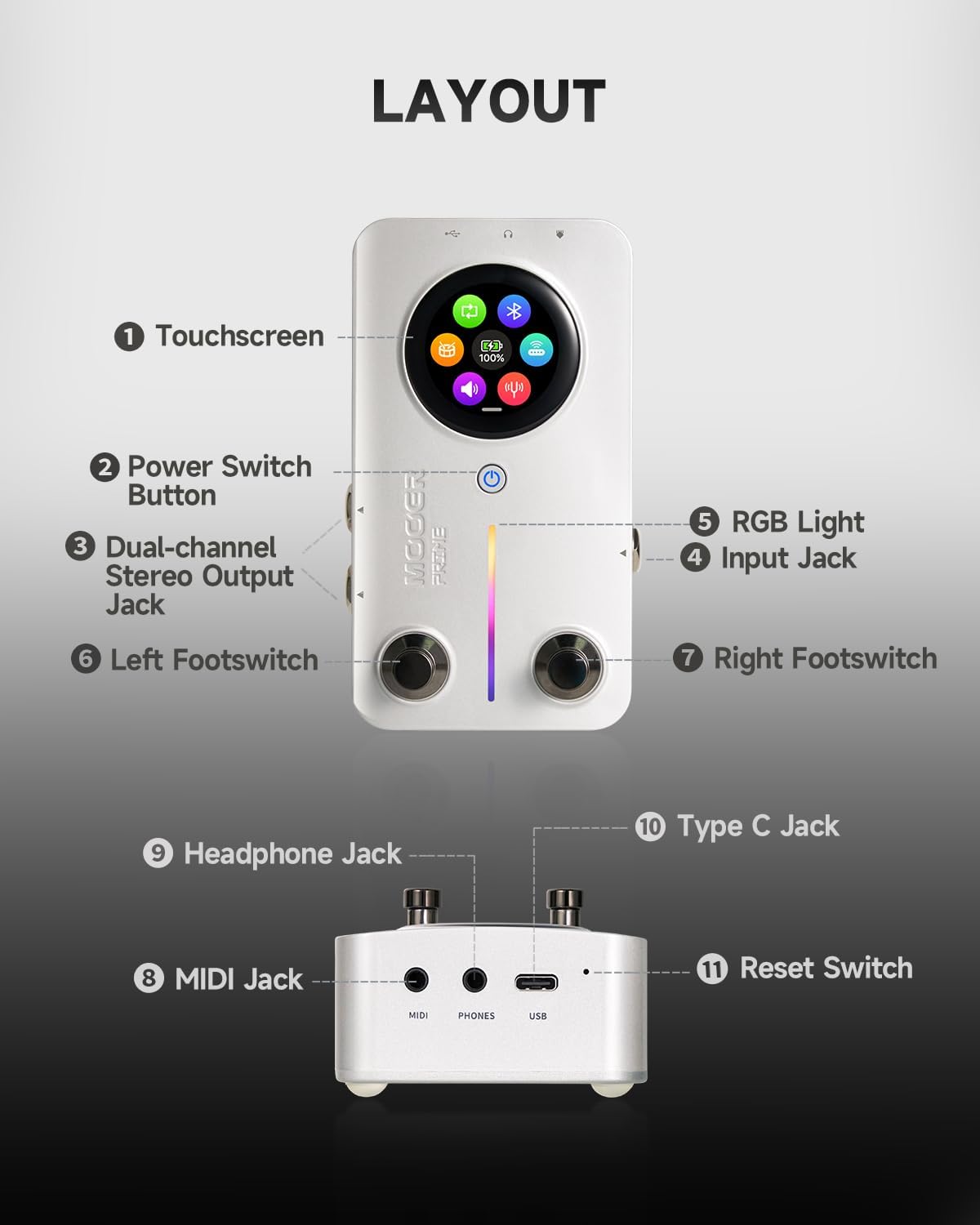 MOOER Prime M2 Wireless Desktop Multi Effects Pedal with APP editor, MIDI Function, Bluetooth PlayBack, IR Loaders, Touch Screen, Looper Drum Machine for Guitar and Bass