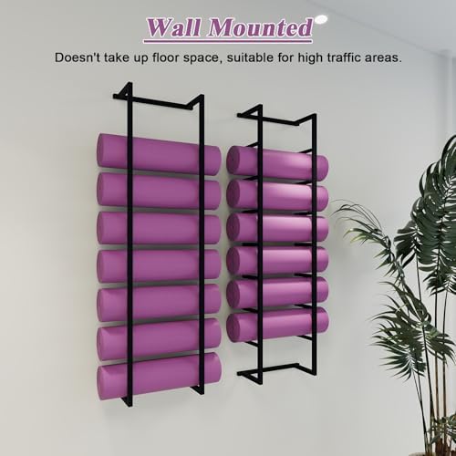 Yoga Mat Storage Stand,Yoga Mat Holder,Pack of 2 Yoga Mat Rack Holder, Foam Roller & Exercise Mats Storage Rack Wall Mount, Workout Room/Home/Gym/School/Kindergarten , Black 2 Pcs-145cm/57in Tall