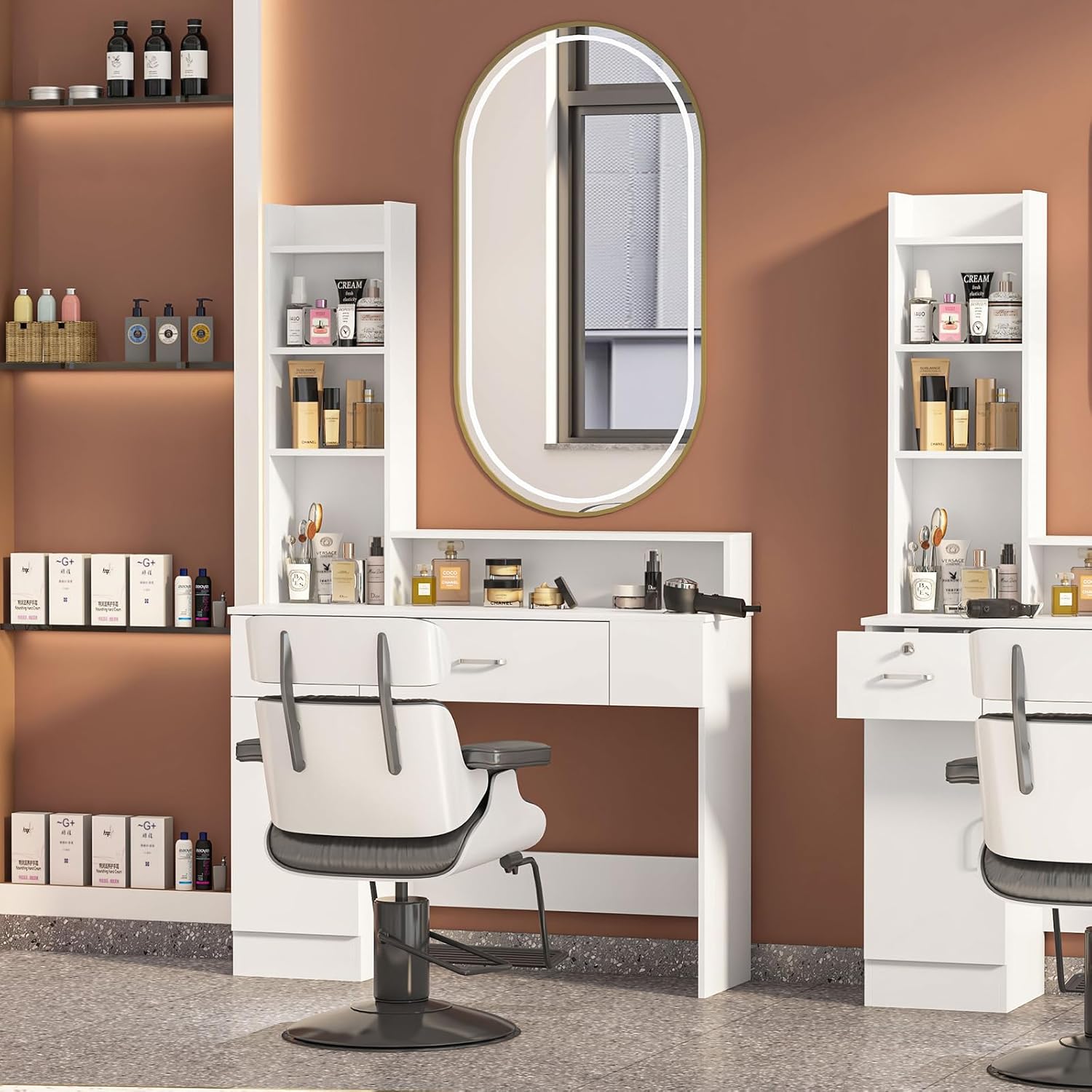 Salon Stations for Hair Stylist, Modern Locking Wall Mount Barber Hair Styling Station, Corner Salon Station Organizer Makeup Vanity for Bedroom, Bathroom, Hairdresser (White-1)