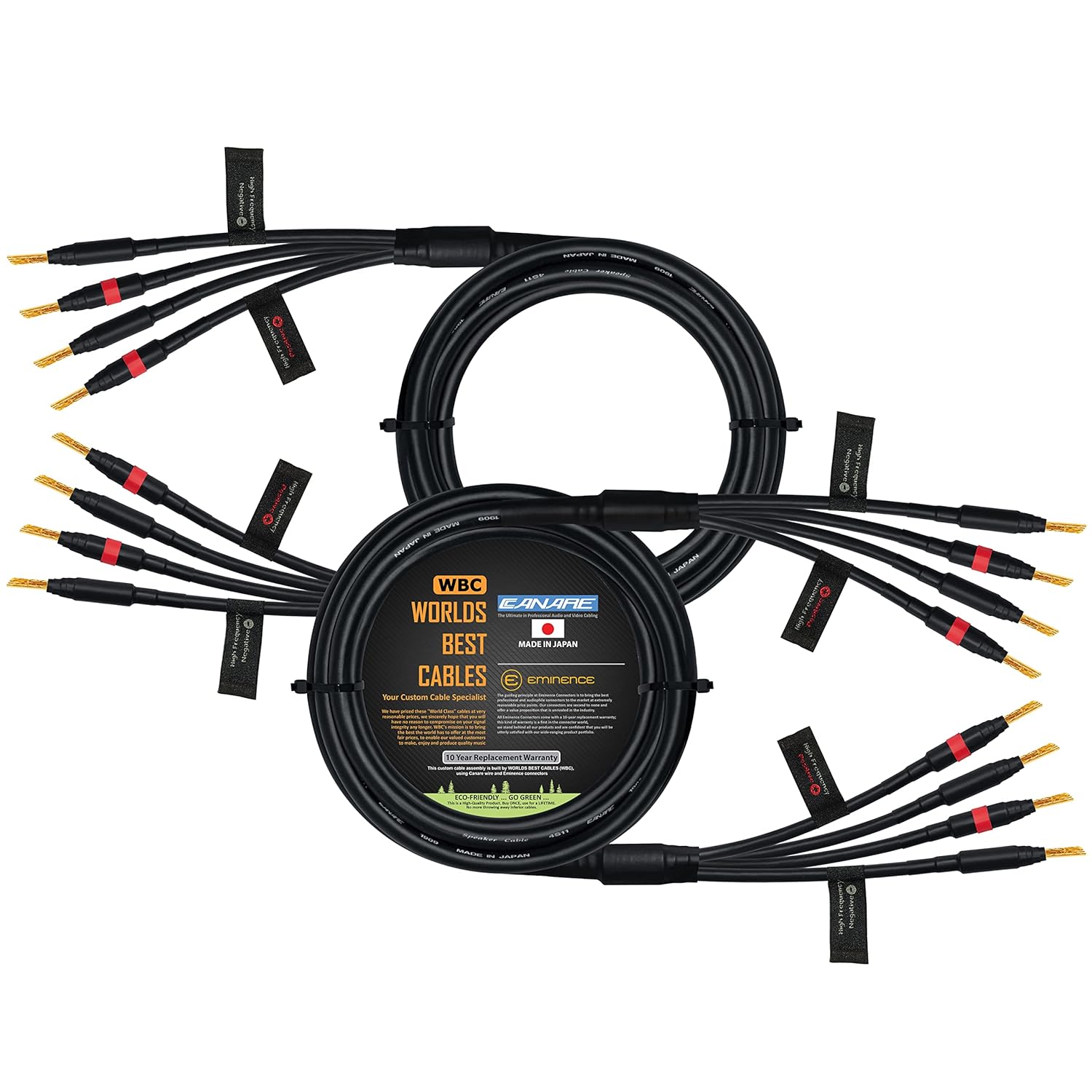 WORLDS BEST CABLES 10 Foot - Canare 4S11 – Audiophile Grade - HiFi Star-Quad Bi-Amp Speaker Cable Pair with Eminence Gold Banana Connectors