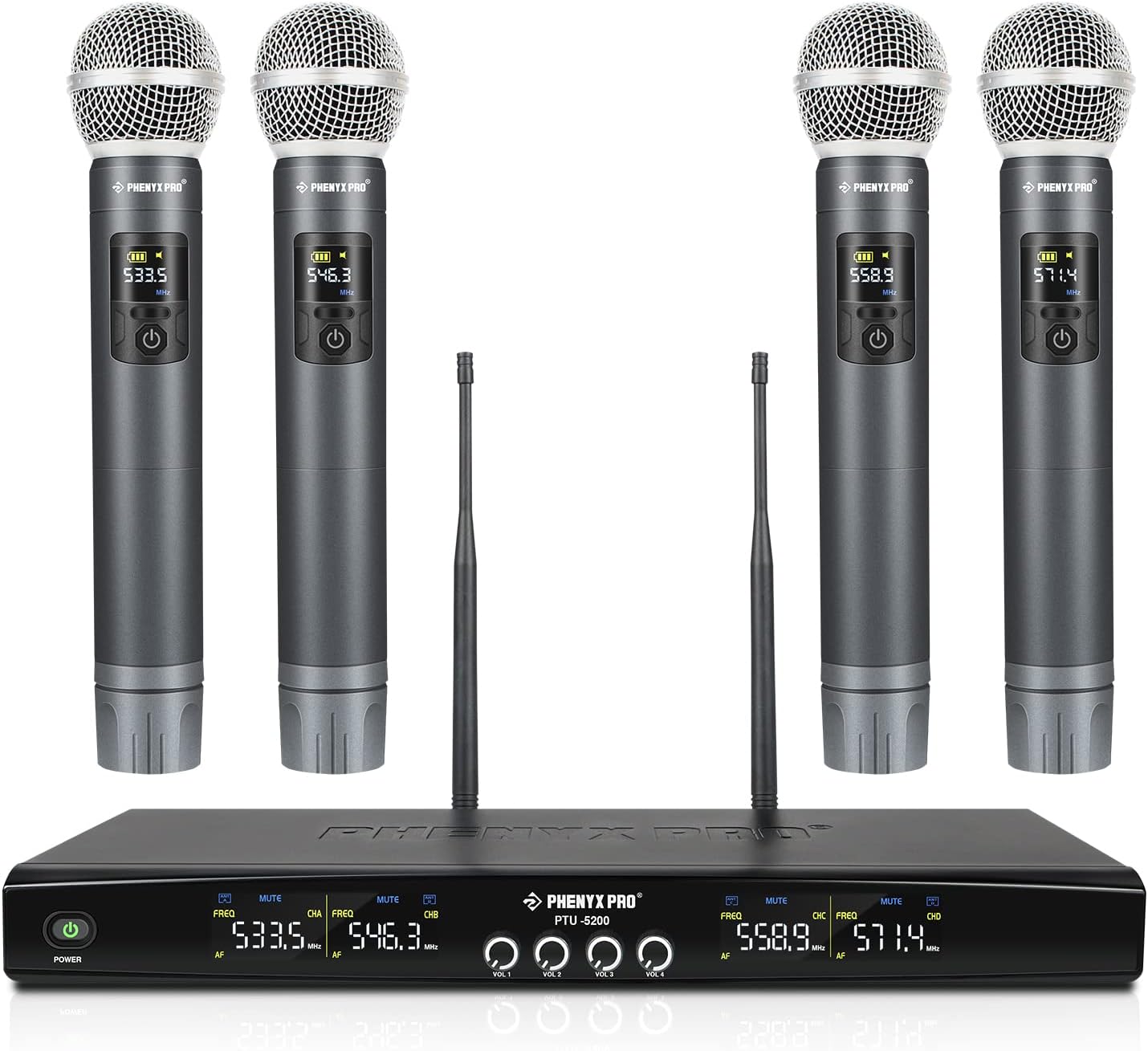 Phenyx Pro UHF Wireless Handheld Microphone System PTU-5200-4H Bundle with 6Ft XLR Snake Cable