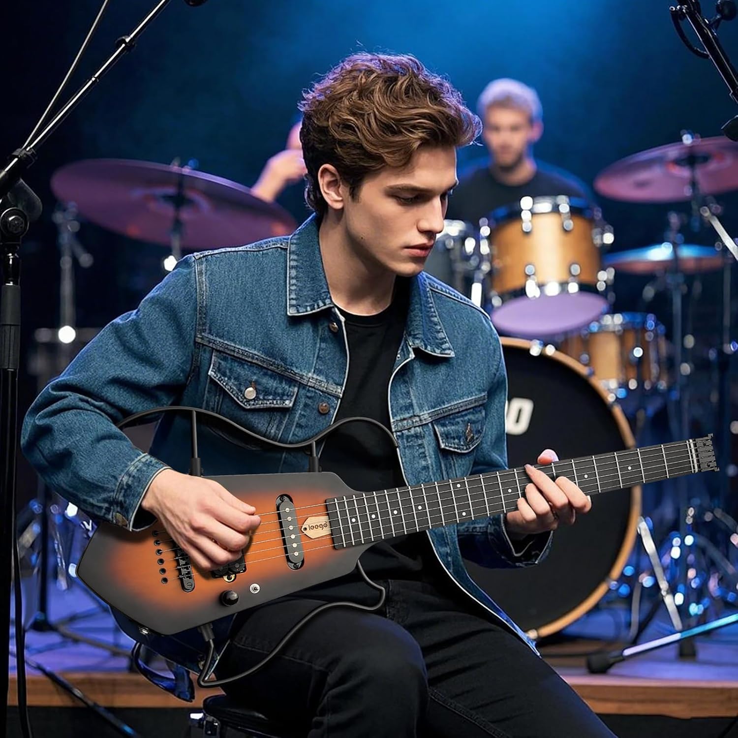 Mini Travel Electric Guitar, Small Lightweight Headless Guitar for Practice, Portable Compact Solid Body Easy Assemble Stands with Gig Bag, Sunburst