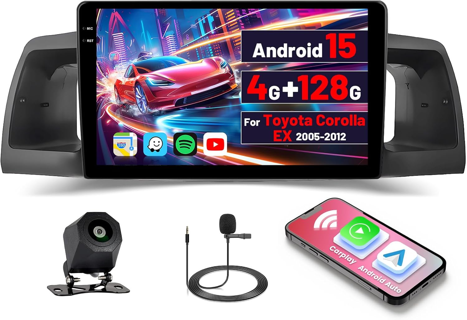 [4+128GB] Android 15 Car Radio for Toyota Corolla EX 2005-2012 with Wireless Carplay/Android Auto, 9 Inch HD Touchscreen Car Stereo with GPS WiFi Bluetooth FM/RDS EQ SWC Backup Camera MIC