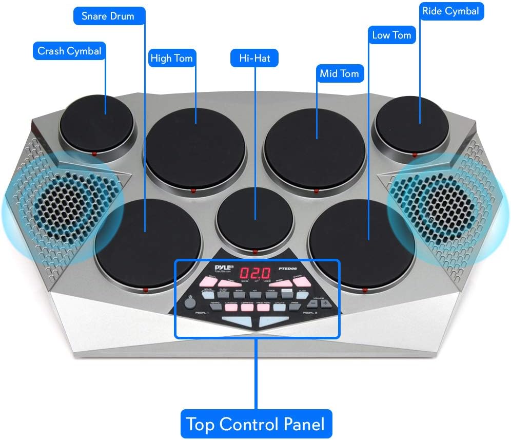 Pyle 7-Pad Digital Electric Tabletop Drum Machine Kit Bundle with Adjustable Heavy Duty Universal Laptop Stand