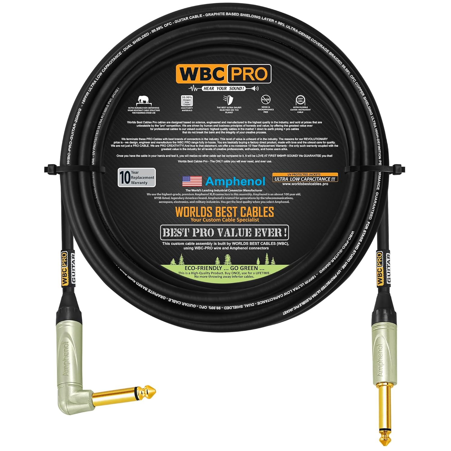 75 Foot - WBC-PRO-Guitar – 20 AWG - Low-Cap (18pF/ft) – Pro-Grade – Graphite-Based - Dual-Shielded Guitar, Bass, Instrument Cable with Amphenol QM2R-AU & QM2P-AU ¼ Inch (6.35mm) Gold TS Connectors