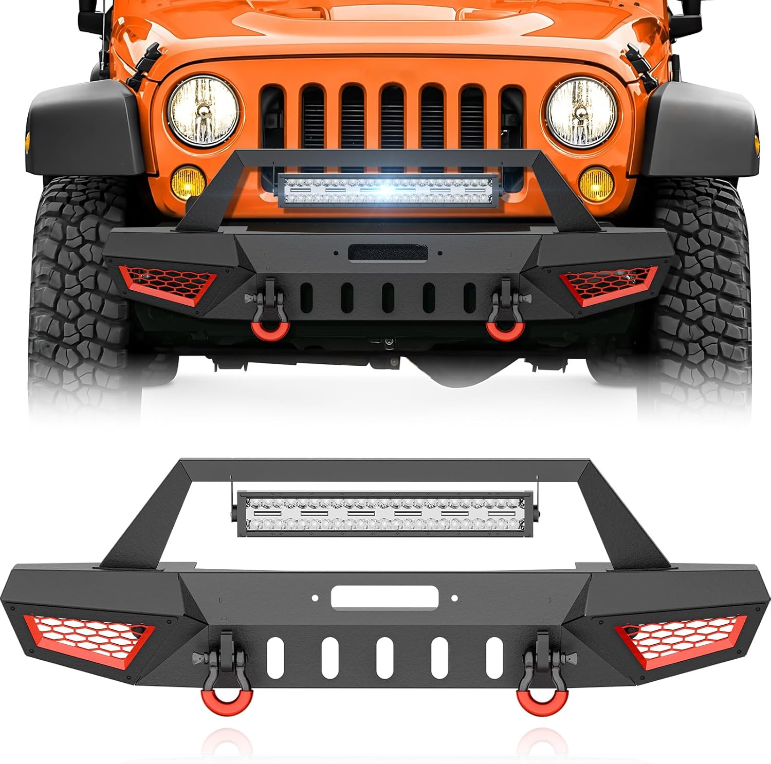 SUORTO for Wrangler JK Front Bumper Compatible with 2007 2008 2009 2010 2011 2012 2013 2014 2015 2016 2017 2018 Jeep Wrangler JK JKU with Winch Plate, 1 x 312W LED Light, Paintable Armor & D-rings
