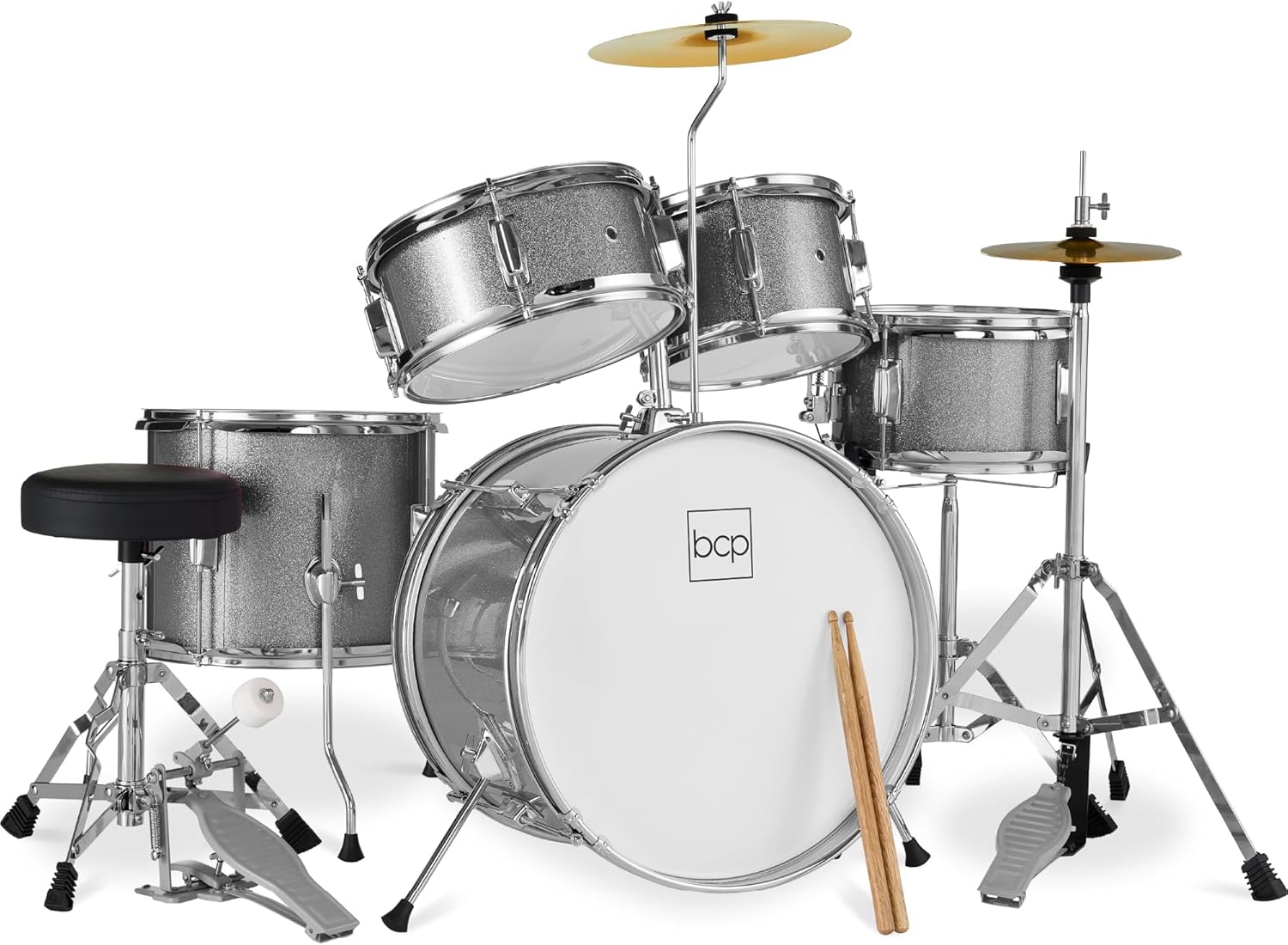 Best Choice Products Kids 5-Piece Beginner Drum Set Junior Kit, Starter Percussion w/Cymbals, Pedal, Toms, Snare, Drumsticks, Stool - Silver Sparkle