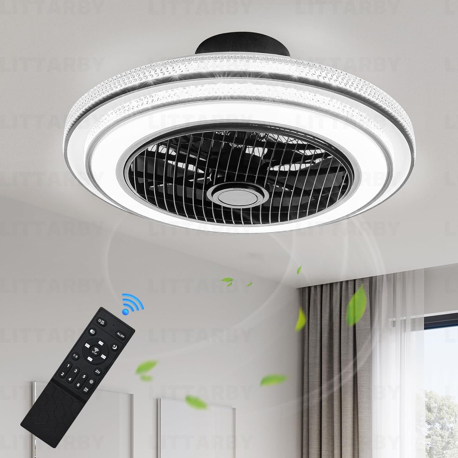 22 Inch Enclosed Bladeless Ceiling Fans with Lights and Remote, Dimmable LED Brightness DC Motor Morden Low Profile Flush Mount Ceiling Fan with Light for Bedroom, Kitchen, Living/Dining Room