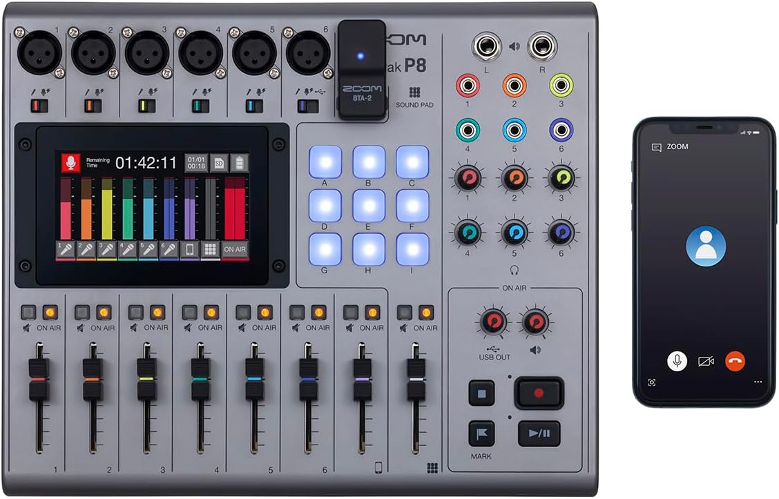 Zoom PodTrak P8 Podcast Recorder, 6 Microphone Inputs, 6 Headphone Outputs, Phone Input, Sound Pads, Onboard Editing, Record to SD card, USB Audio Interface, Battery Powered