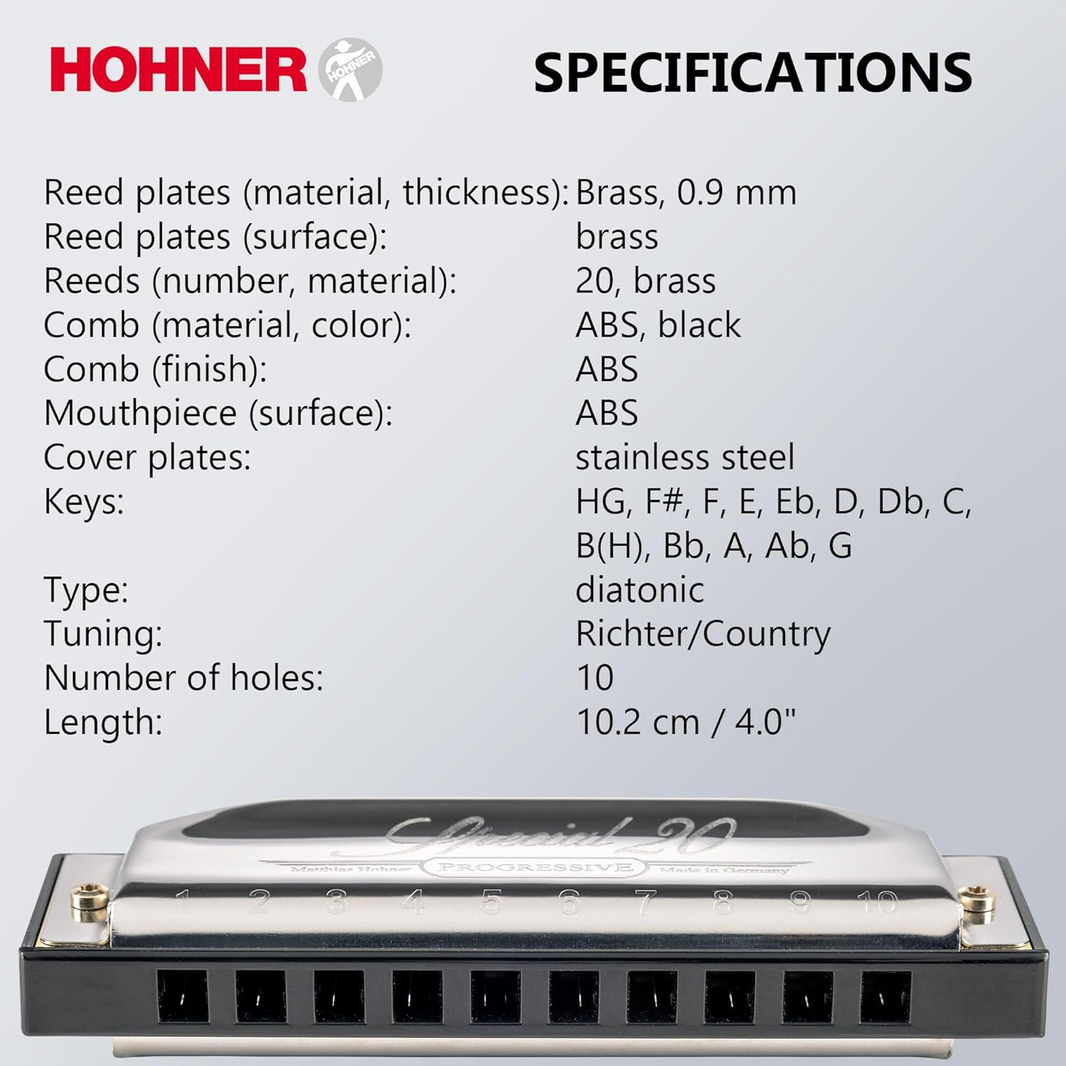 Hohner Special 20 Harmonica - Key of C Bundle with Zip Case, Instructional Manual, and Austin Bazaar Polishing Cloth