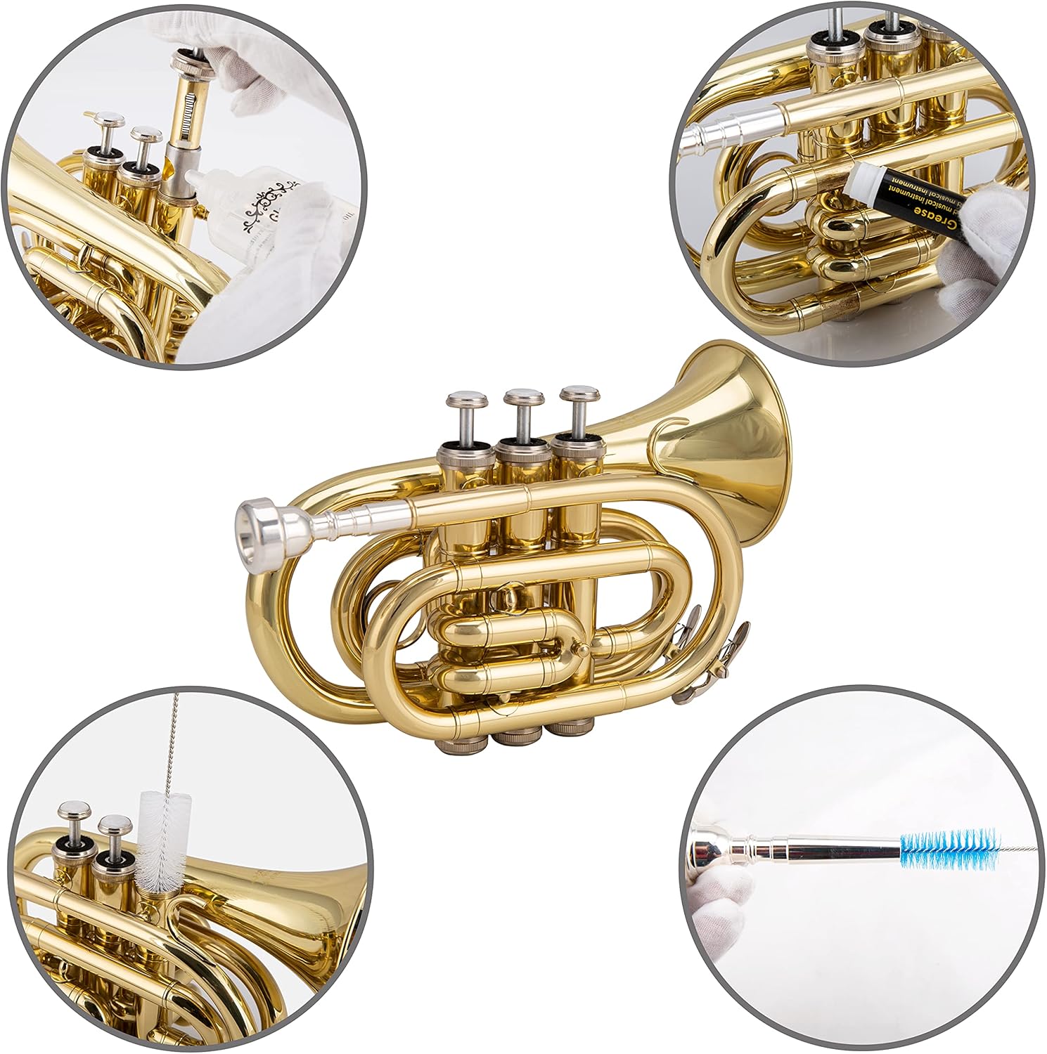 Glory Bb Pocket Trumpet with Case, Cleaning Cloth, Gloves, Gold Lacquer (LAQUER)