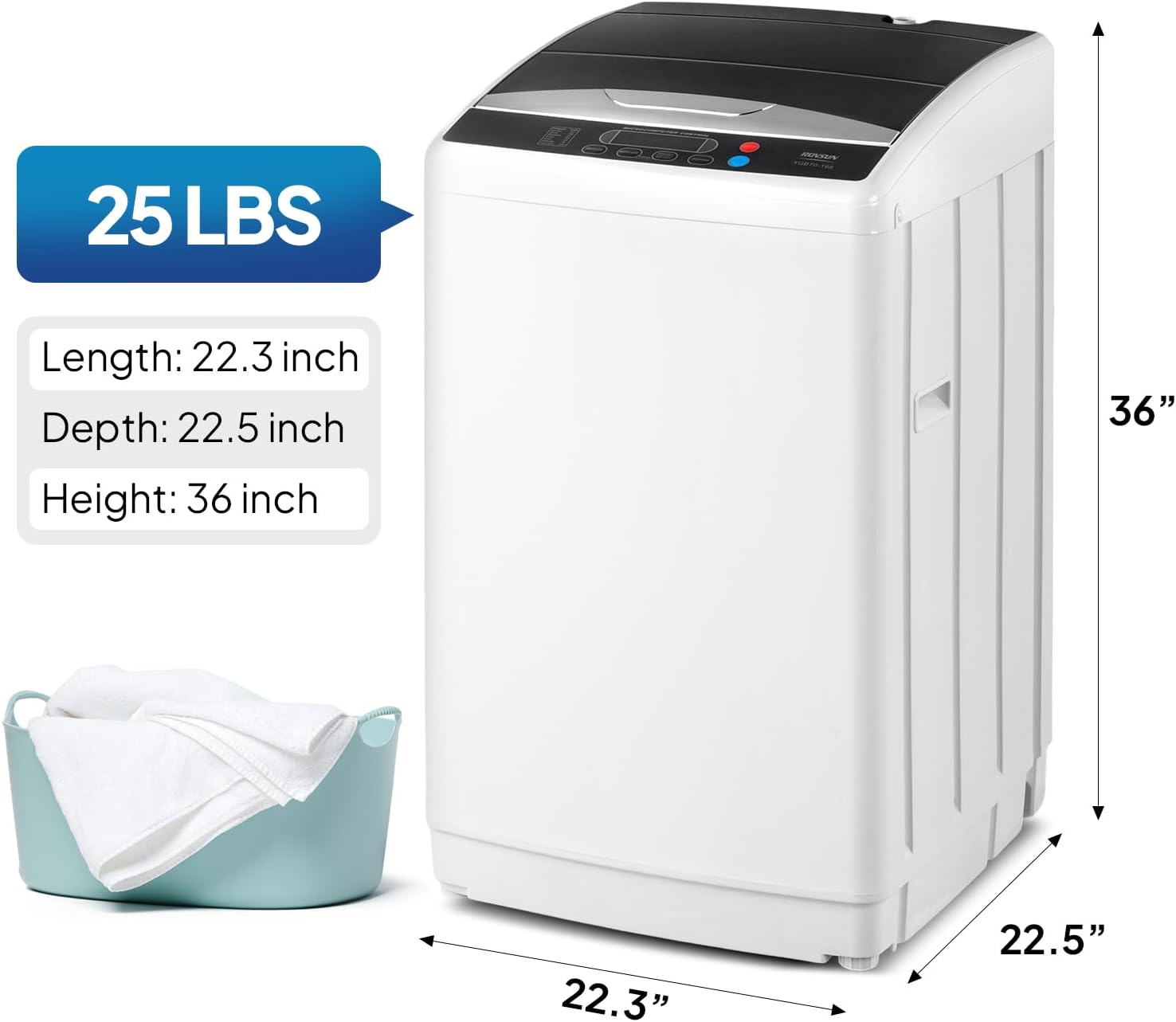 ROVSUN 25LBS Portable Washing Machine, Full-Automatic Electric Laundry Machine with Stainless Steel Drum, Compact Washer and Spin Dryer Combo with Drain Pump for Home, Apartment