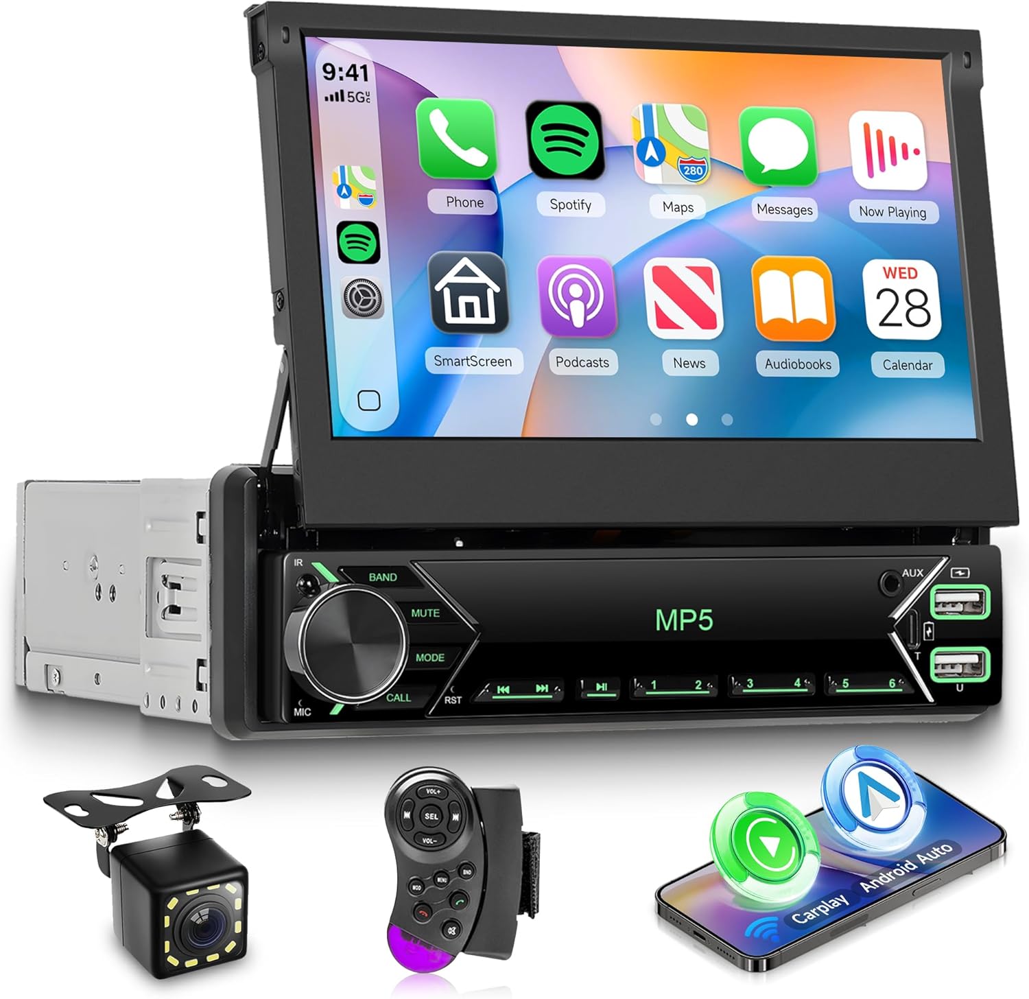 Single Din Retractable Screen Car Stereo with Wireless A-pple Carplay Android Auto, 7
