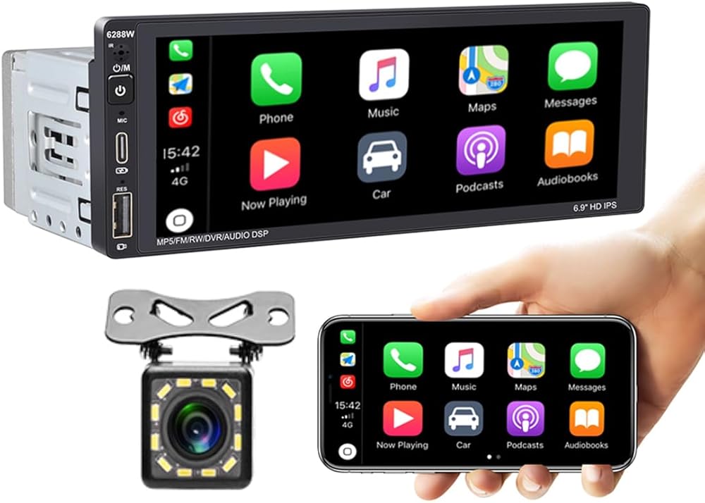 Eaglerich 1Din Car Radio Wireless Carplay & Android Auto 6.9-inch IPS Touch Screen Smart Voice Mirror Link Car Stereo with Bluetooth/FM/RDS/AM/USB Type-C+12Led Camera