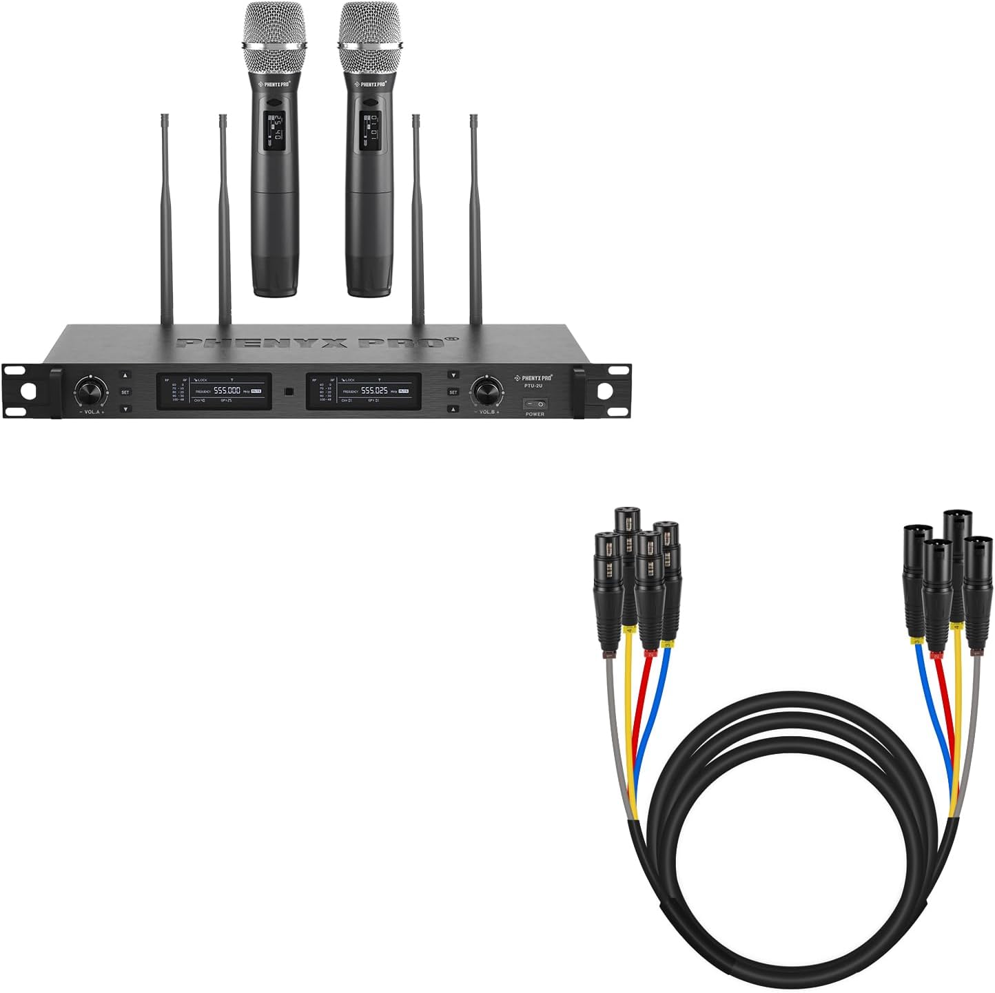 Phenyx Pro Wireless Microphone System PTU-2U Bundle With 10Ft XLR Snake Cable PCBL-4IN1-10