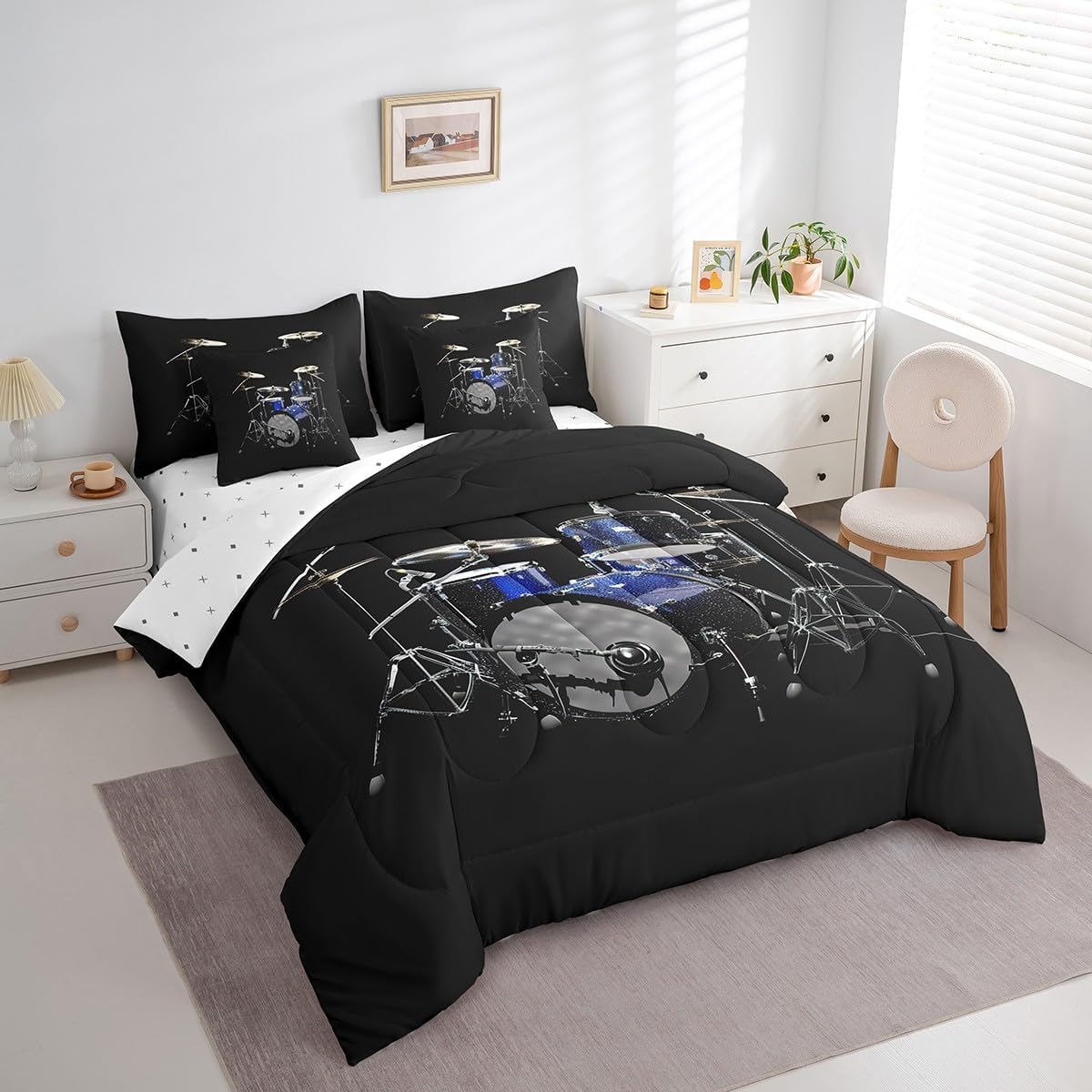 Feelyou Queen Comforter Set 7 Pcs Drum Kit Bed in a Bag for Girls Boys Children Rock Music Themed Bedding Set Modern Musical Comforter Instruments Print Bed Set with Sheets, Pillowcases, Pillow Covers