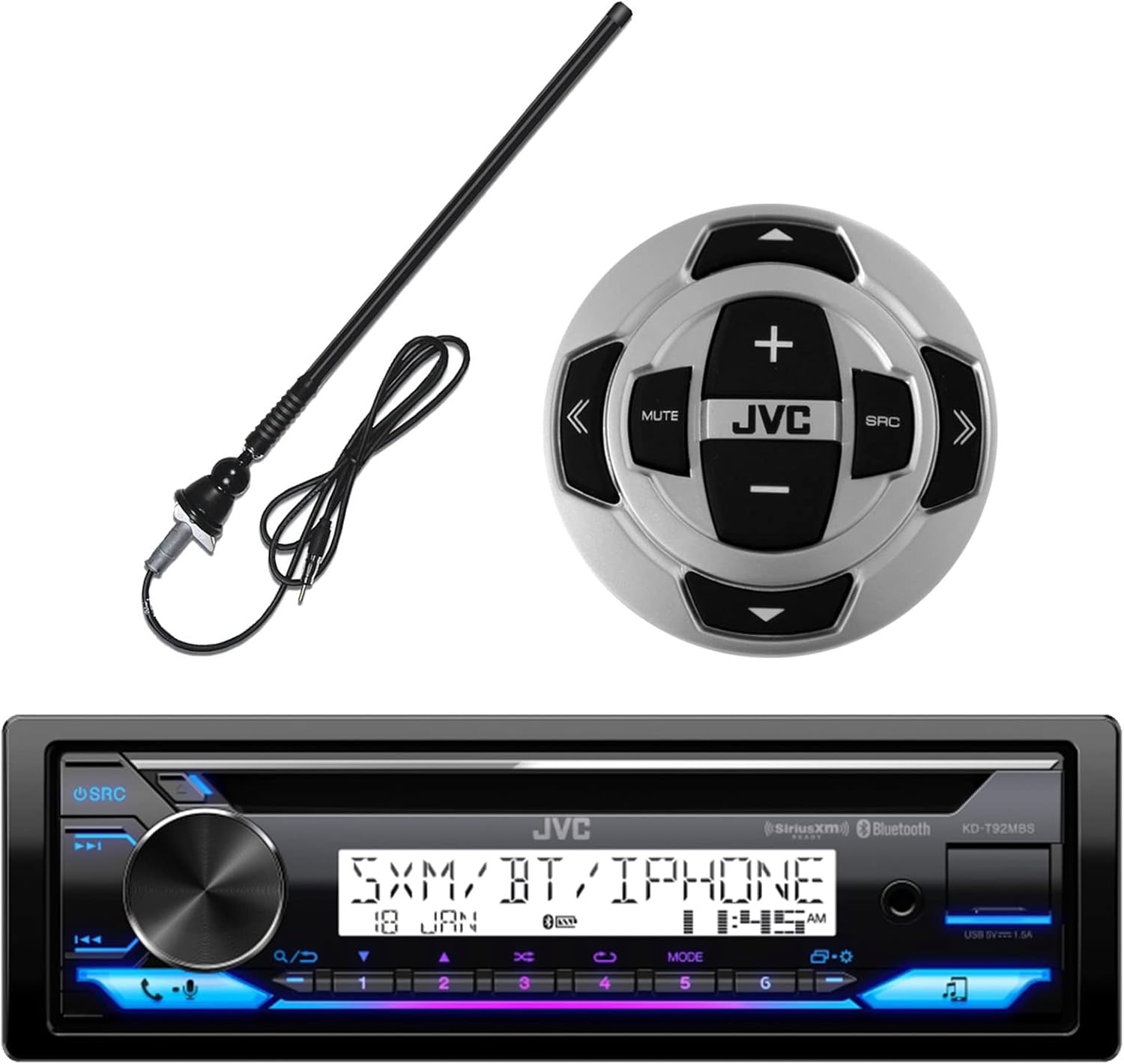 Single DIN in-Dash Marine Boat Yacht Bluetooth Radio USB Stereo Receiver CD Player Bundle Combo with Wired Remote and Rubber Mast Radio Antenna
