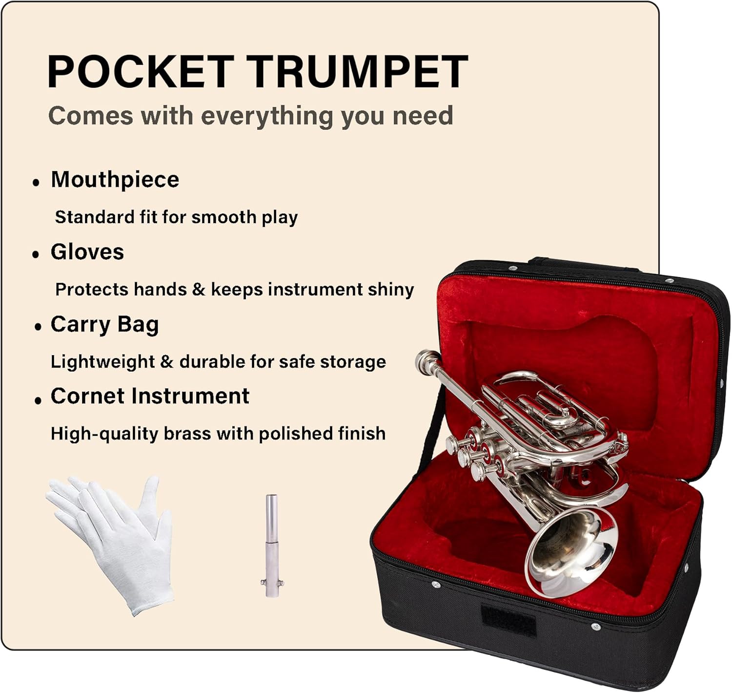 Queen Brass B-Flat Pocket Trumpet Silver Finish Compact Brass Instrument with Mouthpiece Gloves and Carrying Case for Students Beginners and Travel Friendly