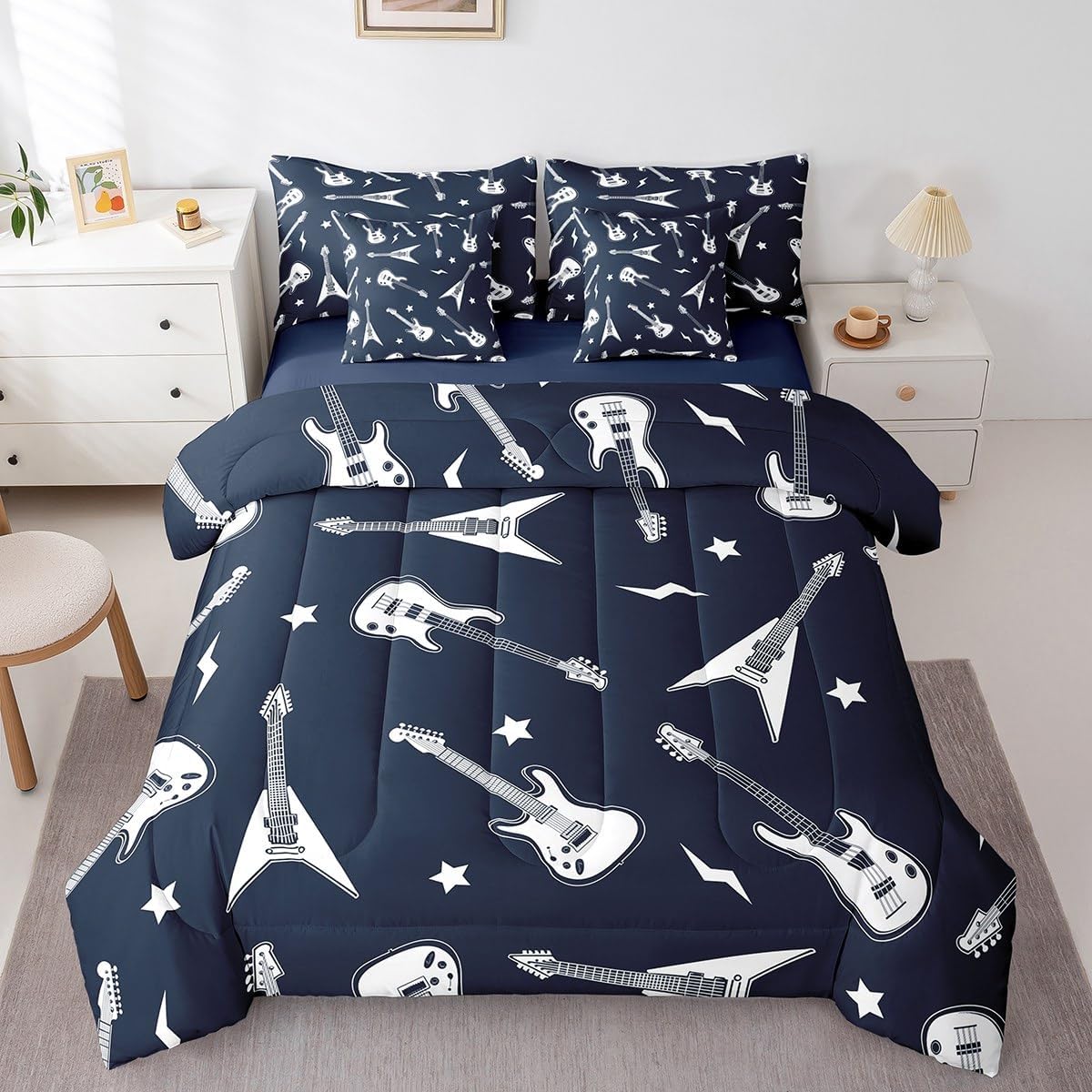 Guitar Bass Comforter Set Music Theme Guitars Bedding Set King Size 7 Pcs,Funny Musical Instrument Bed Set for Kids Girls Room Decor Navy Blue Polyester Bed in a Bag with Comforter,Sheets,Pillowcases
