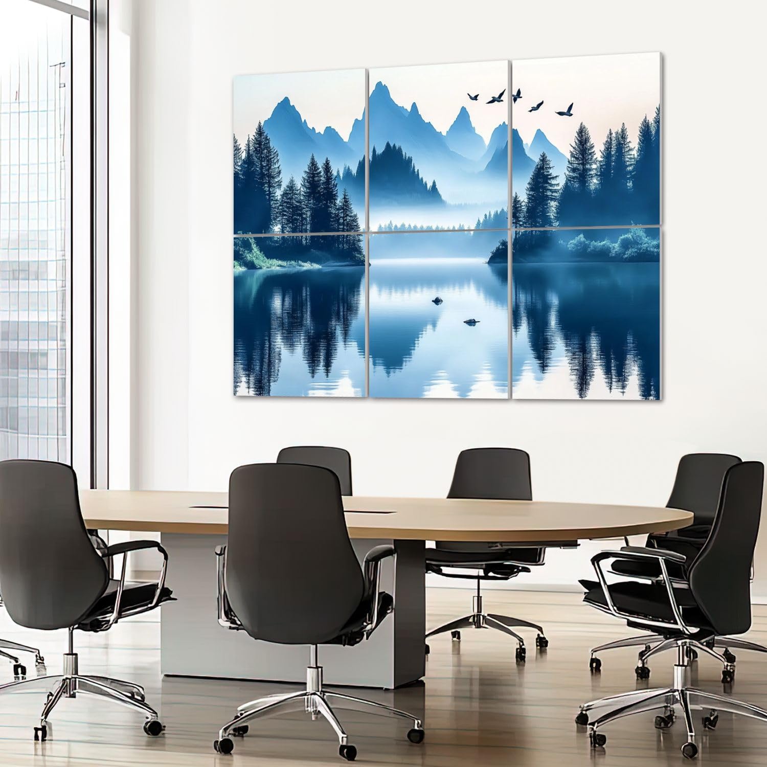 6 Pack Art Acoustic Panels Sound Absorbing Forest Modern Blue Mountains Lake Pine Trees Birds Flight Misty Decorative Soundproof Wall Panels Self Adhesive for Recording Studios Office 72