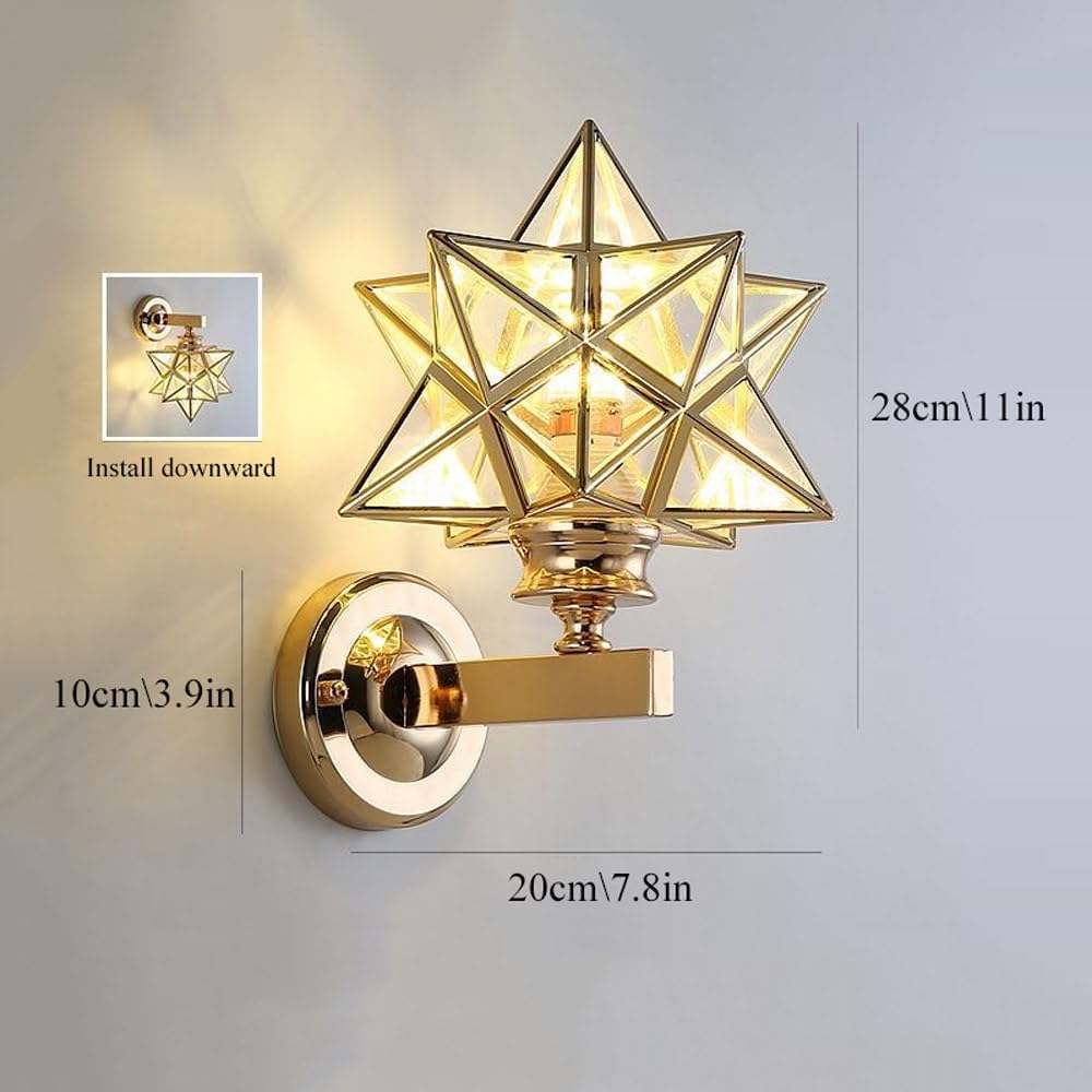 Moravian Star Wall Light Fixture, Gold Wall Sconces Set of 2 Modern Vanity Lighting Fixtures with Clear Shade, Indoor Metal Wall Mount Lamp for Living Room Bedroom Kitchen Hallway Mirror