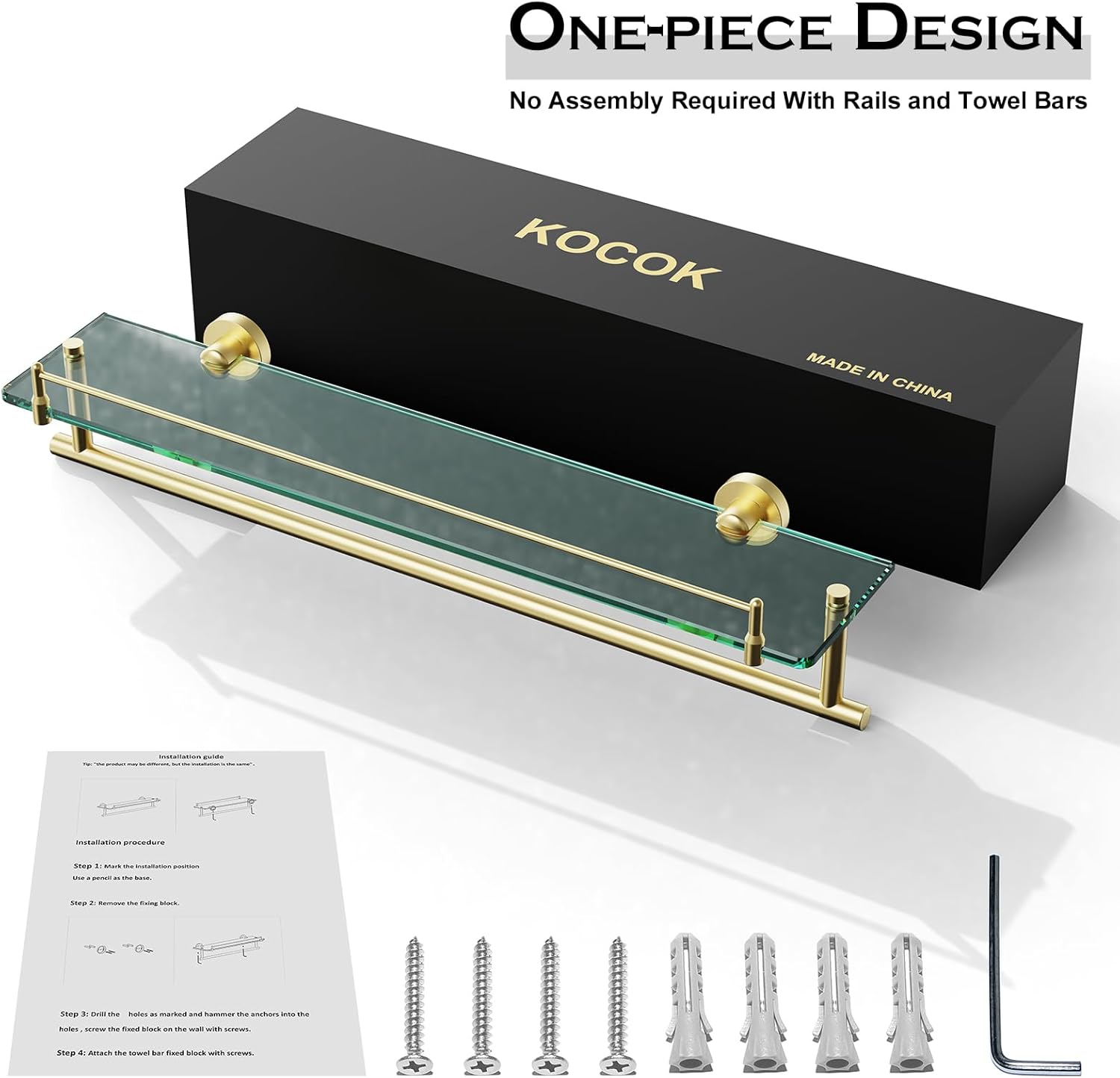 Glass Shelf for Bathroom 2 Pack,24-Inches Floating Glass Shelves Towel Bar/Track(Brushed Gold)