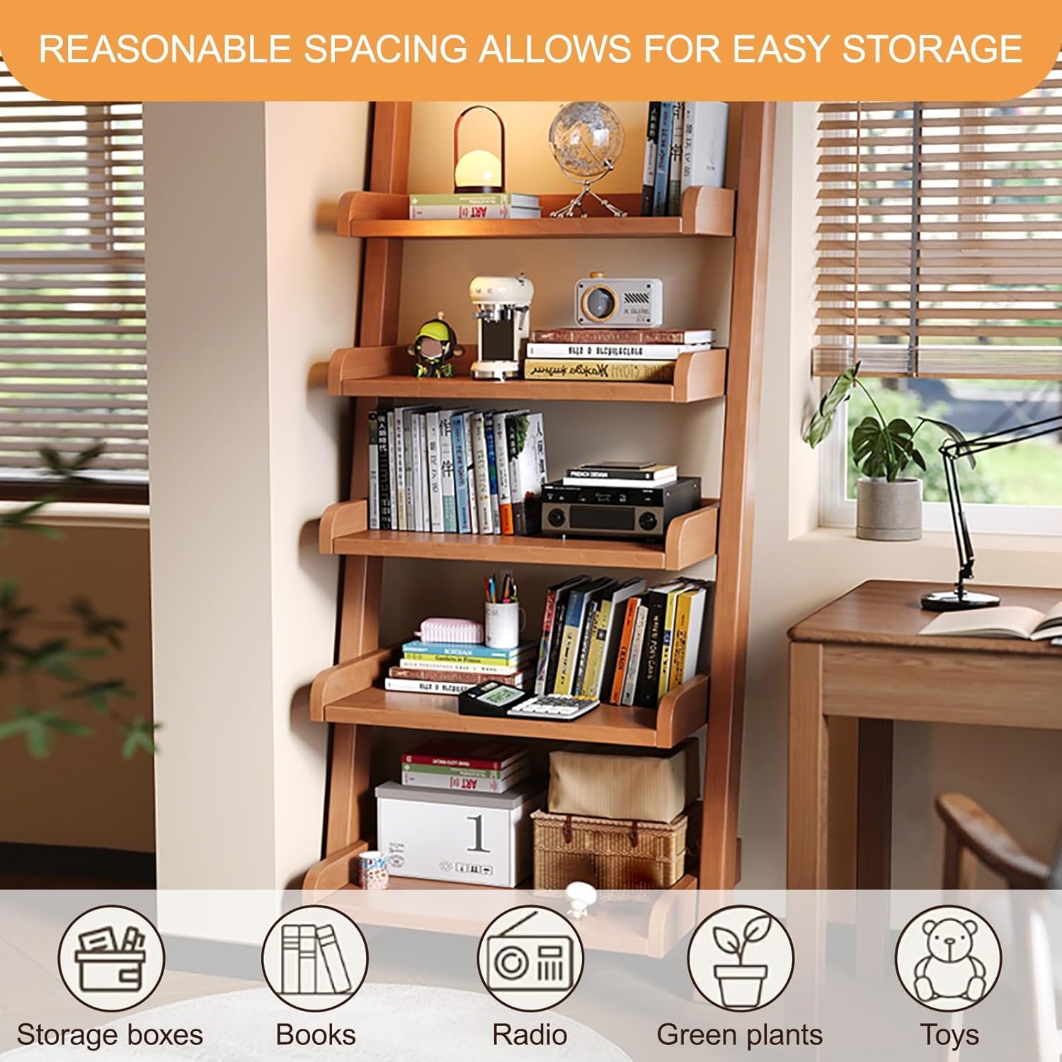 Ladder Open Storage Bookshelf Freestanding Display Rack Shelving Unit, Space-Saving Wooden Bookcase Narrow Book Shelf Organizer for Small Space(Brown,140cm/55in)