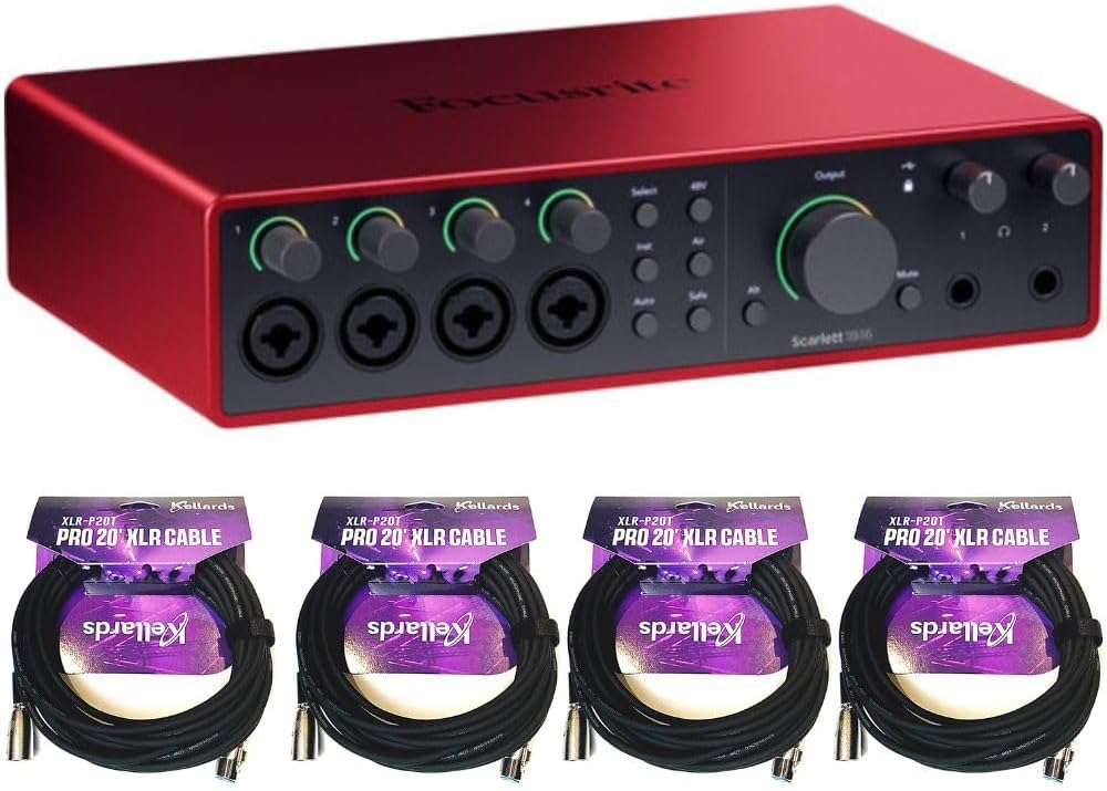 Focusrite Scarlett 18i16 USB-C Audio/MIDI Interface (4th Generation) Bundle with Kellards XLR-P20T Pro 20 ft XLR Microphone Cable Mixers, Recording Studios, and Podcasts - Black (4 Pack)