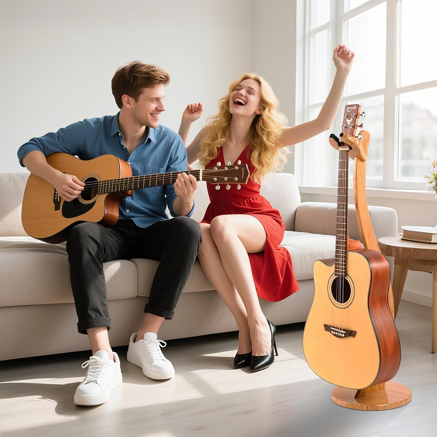 Wooden Guitar Stand - Acoustic Electric Guitar Holder Bamboo, Portable Single Guitar Hanger Rack for Banjo Bass Ukulele Guitar Player Accessories Home Studio Music Instrument Display