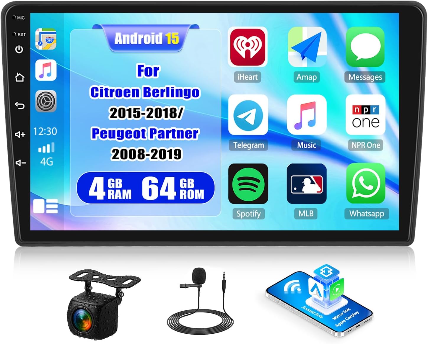 CAMECHO 4+64G Android 15 Car Stereo for Citroen Berlingo 2015-2018/Peugeot Partner 2008-2019 9 Inch Touch Screen Head Unit with CarPlay & Android Auto Bluetooth DSP/GPS WiFi 32EQ+ AHD Backup Camera