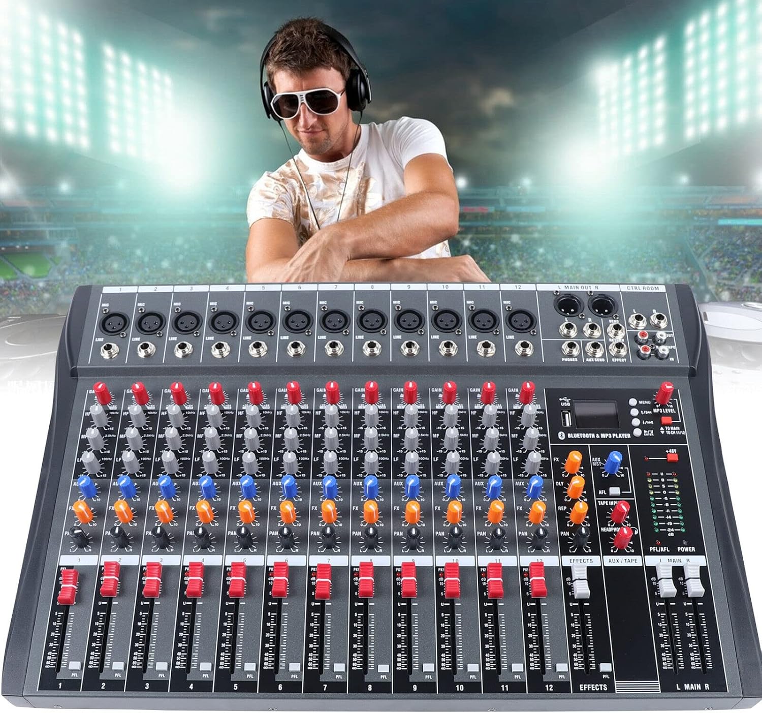 Professional Audio Mixer Sound Board Console,12 Channel Studio Audio Mixer,Bluetooth USB Live Studio Audio Mixing Power Mixing Amplifier Studio Audio DJ KTV Mixing Console USB Slot