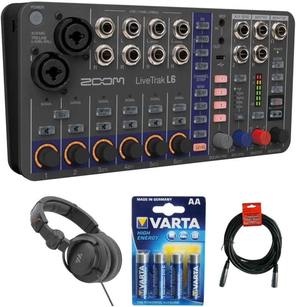 Zoom LiveTrak L6 Digital Mixer/Recorder Battery Powered Bundle with Polsen HPC-A30 Closed-Back Studio Monitor Headphones, XLR- XLR Cable, Varta High-Energy 1.5V AA LR6 Alkaline Battery (4-Pack)