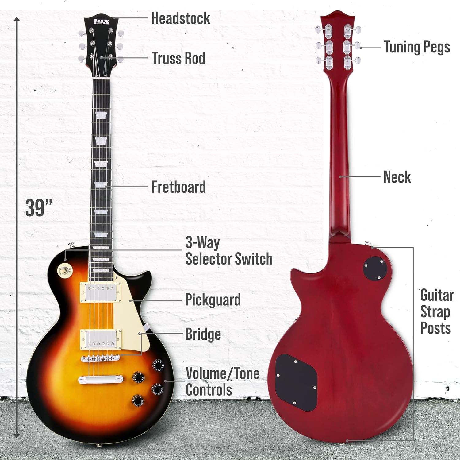 LyxPro 39” SB Series Electric Guitar, LP Style for Beginner, Intermediate & Pro Players Solid Body Guitar, Bonus 2-Pack of Picks, Mahogany Wood, Volume/Tone Controls, 3-Way Pickup - Sunburst