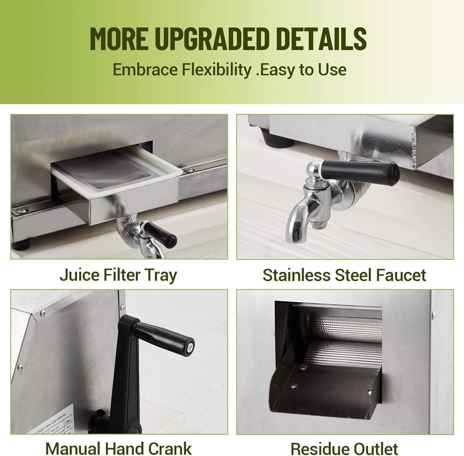 Manual Sugar Cane Juicer, Commercial Sugar Cane Press with Stainless Steel 3 Rollers, 2.4 in Large Inlet, Sugarcane Juicer Machine with 110 LBS/H High Output, Sugarcane Juicer for Commercia