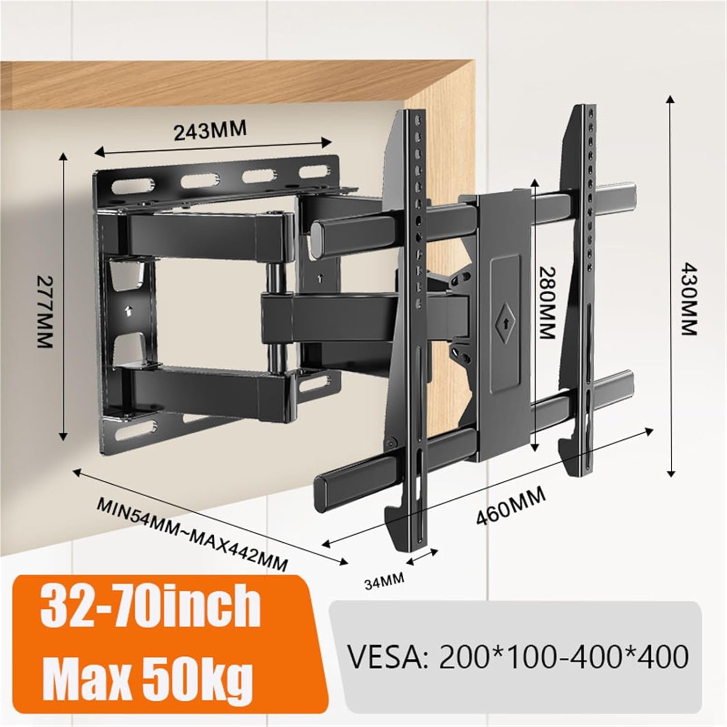 Tv Wall Bracket Wall Mount Full Motion for Most 32-70 inch TVs, Swivel TV Bracket with Dual Articulating Arms Tilt Rotation 400x400mm