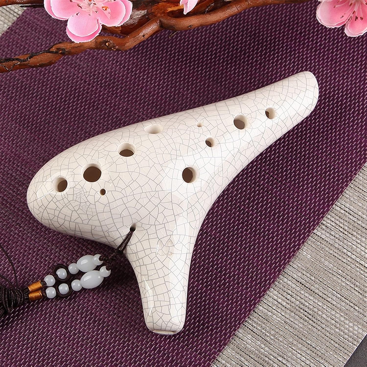 Ocarina Classical Blue 12 Holes Ocarina Alto C Music Instrument Bright Glaze Pottery Woodwind Instrument, White