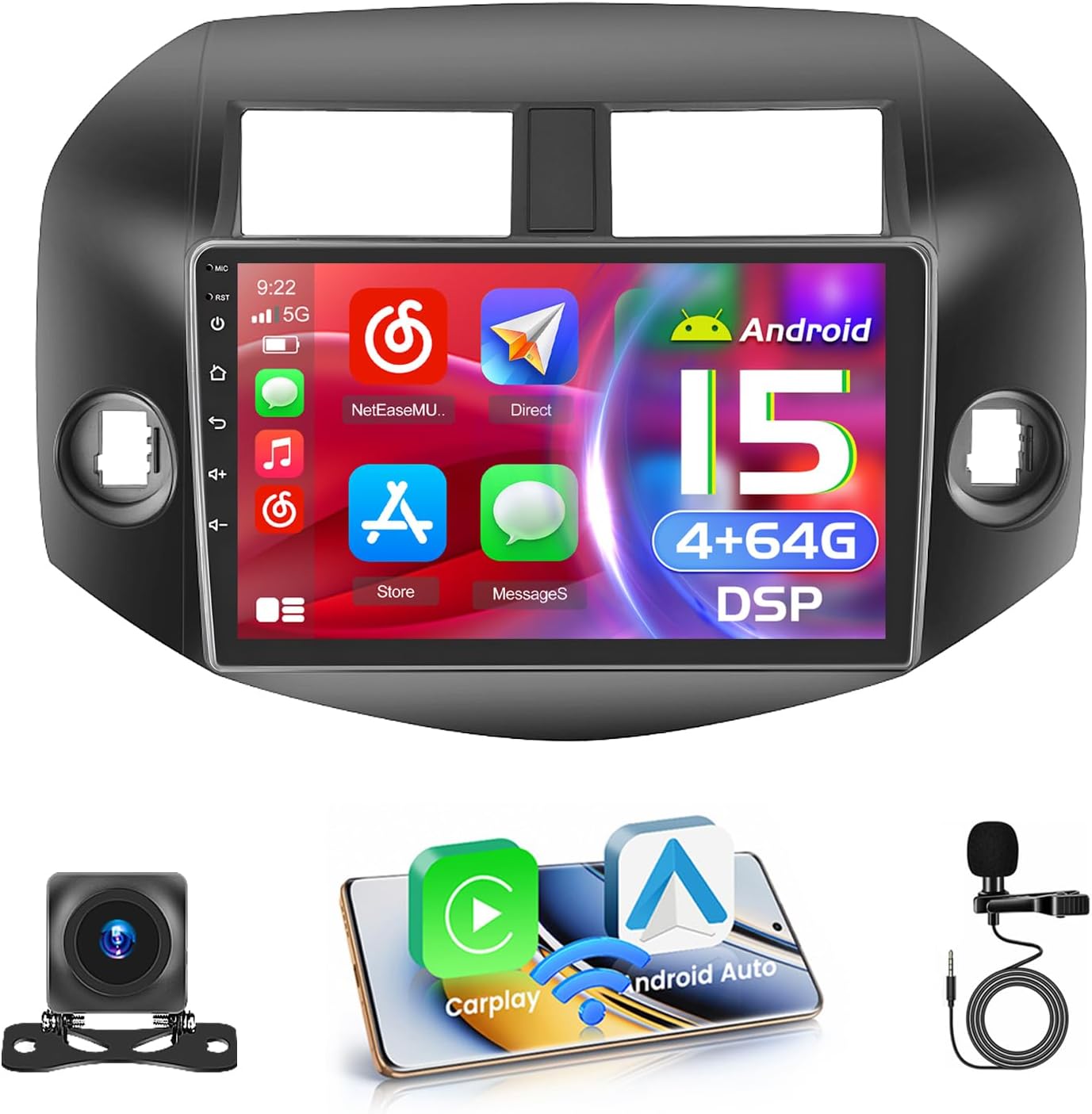 [DSP 4+64G] Android 15 Car Stereo for Toyota RAV4 2007-2012, Hikity 10'' IPS Touch Screen Radio Wireless Carplay Android Auto 5G WiFi Bluetooth Mirror Link GPS SWC FM/RDS/32EQ Backup Cam+Mic