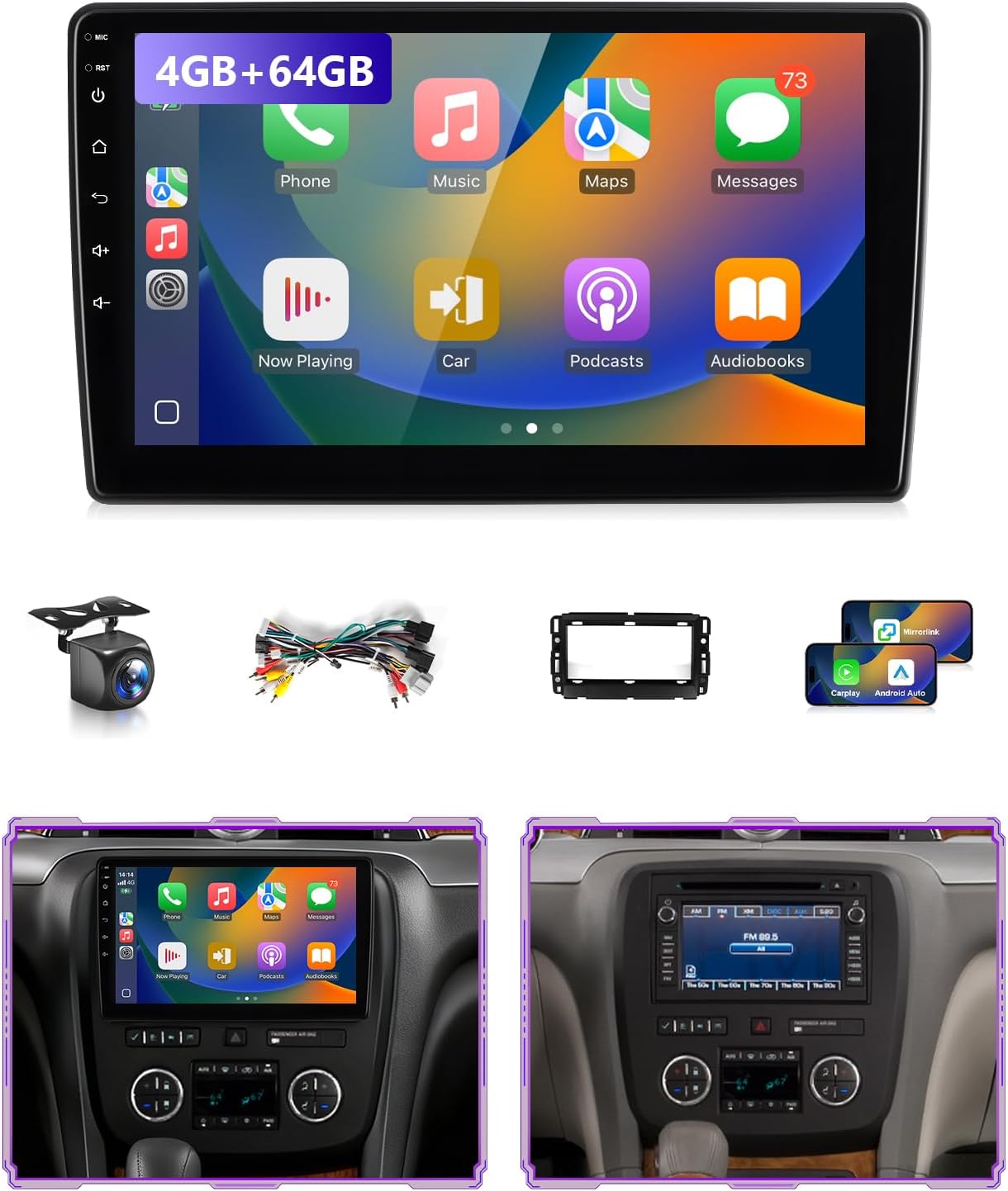 8Core 4G+64G Car Stereo for Chevrolet Silverado 2007 to 2014 Suburban Radio Apple CarPlay Android Auto, 10.1IN Touch Screen for Buick Enclave Yukon GPS Navi 5G WiFi BT FM RDS DSP SWC AHD Camera