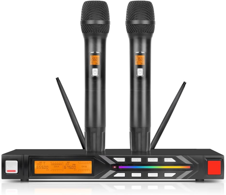 NG-99 Wireless Microphone System with Two Metal Microphones,UHF Handheld Wireless Moving Coil Gradient Colored Microphone for Home Karaoke, Conference, Party, Church, DJ, Wedding