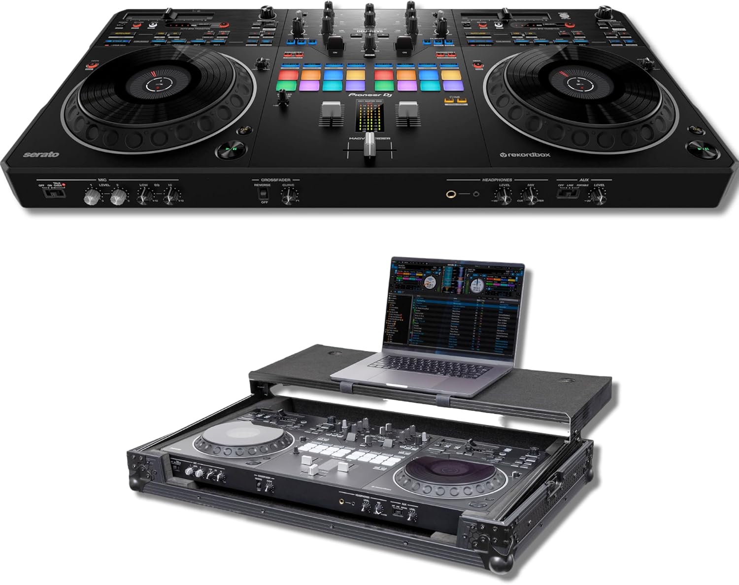 Pioneer DDJ-REV5 4-deck DJ Controller with Headliner HL10017 Flight Case for DDJ-REV5 with Laptop Platform