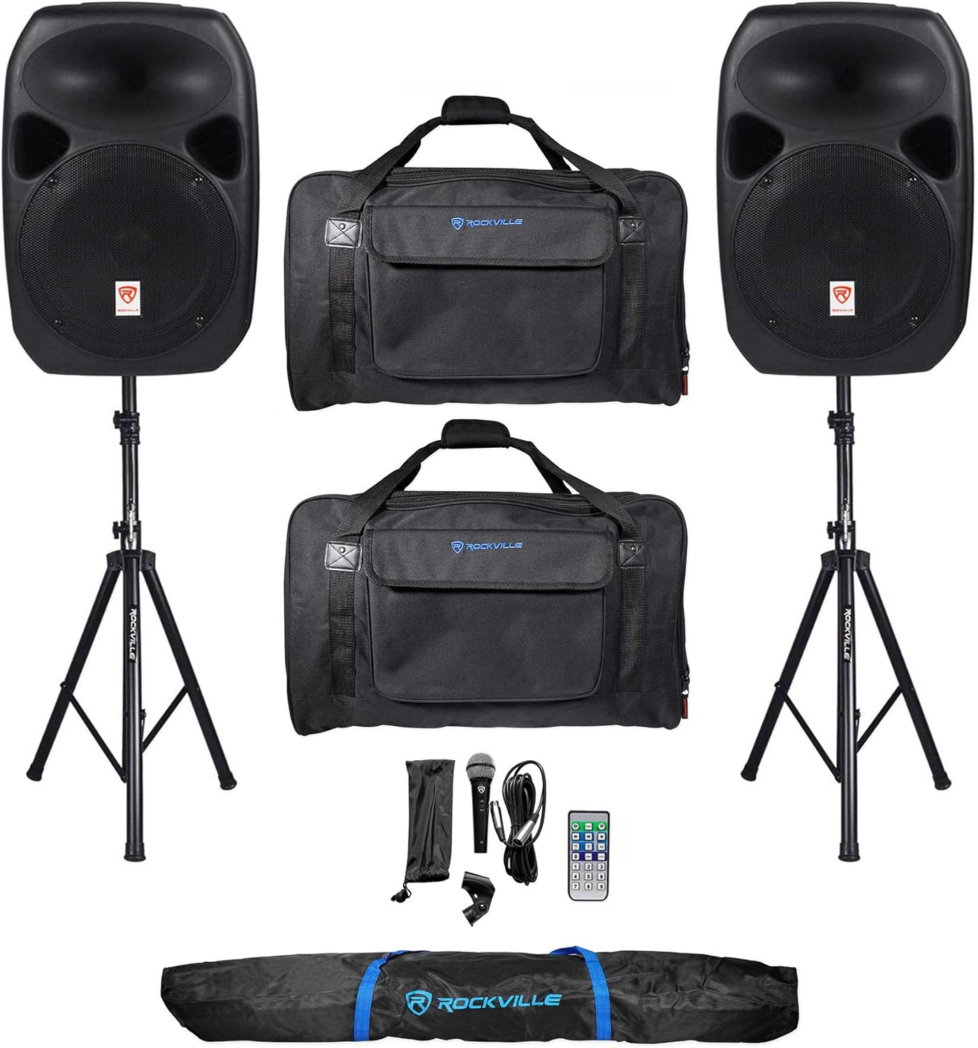 Rockville RPG122K Bundle: Dual 12-in Powered Bluetooth Speakers with Mic, Stands, and Cables, (2) TB12 v2 Padded Speaker Bags, RVSS2 Bag Tripod Stand Carry Bag for DJs, Parties, and Events, 4-Items