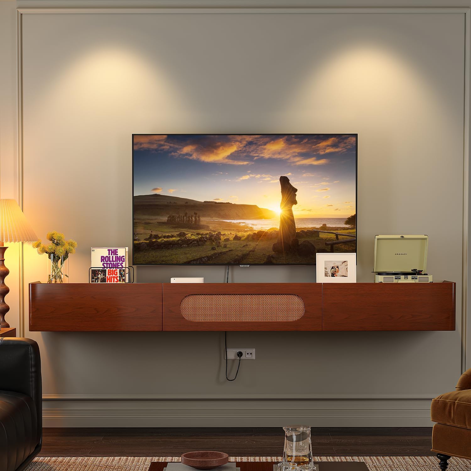 FurniNova Fully Assembled Floating TV Stand Wall Mounted 94'',High Gloss Floating Media Console with 2 Drawers & Rattan Door, Under TV Shelf for Living Room Bedroom Entertainment Center,Walnut