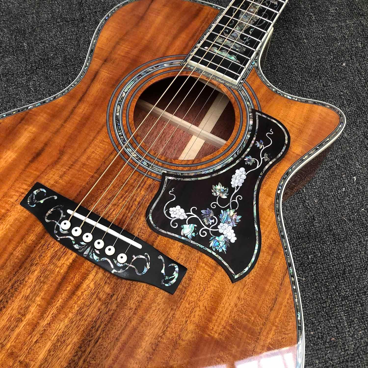 40 Inch OM Type Solid KOA Wood Top Cutaway Acoustic Guitar Ebony Fingerboard Abalone Inlays 43mm Nut Width and Hardcase