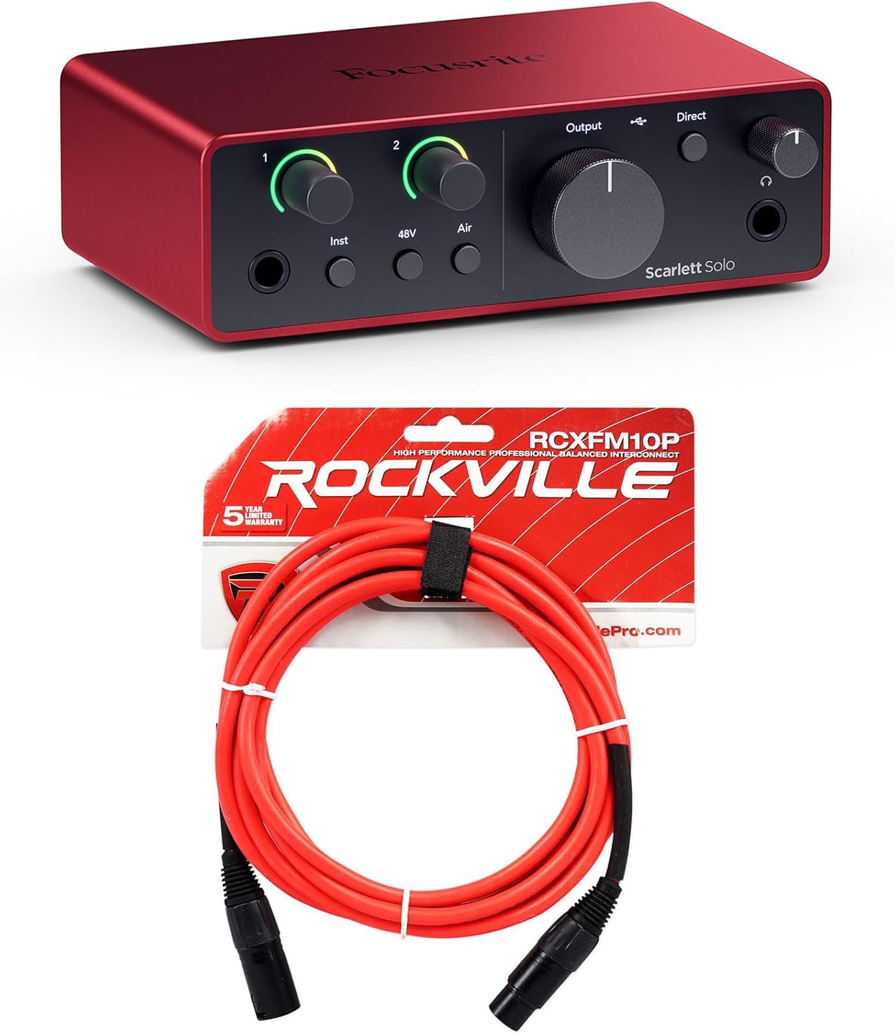 Audiosavings Bundle: (1) Rockville RCXFM10P-R Red 10' Female to Male REAN XLR Mic/Speaker Cable Bundle with (1) Focusrite Scarlett Solo 4th Gen Studio Recording USB Audio Interface+Software (2 Items)