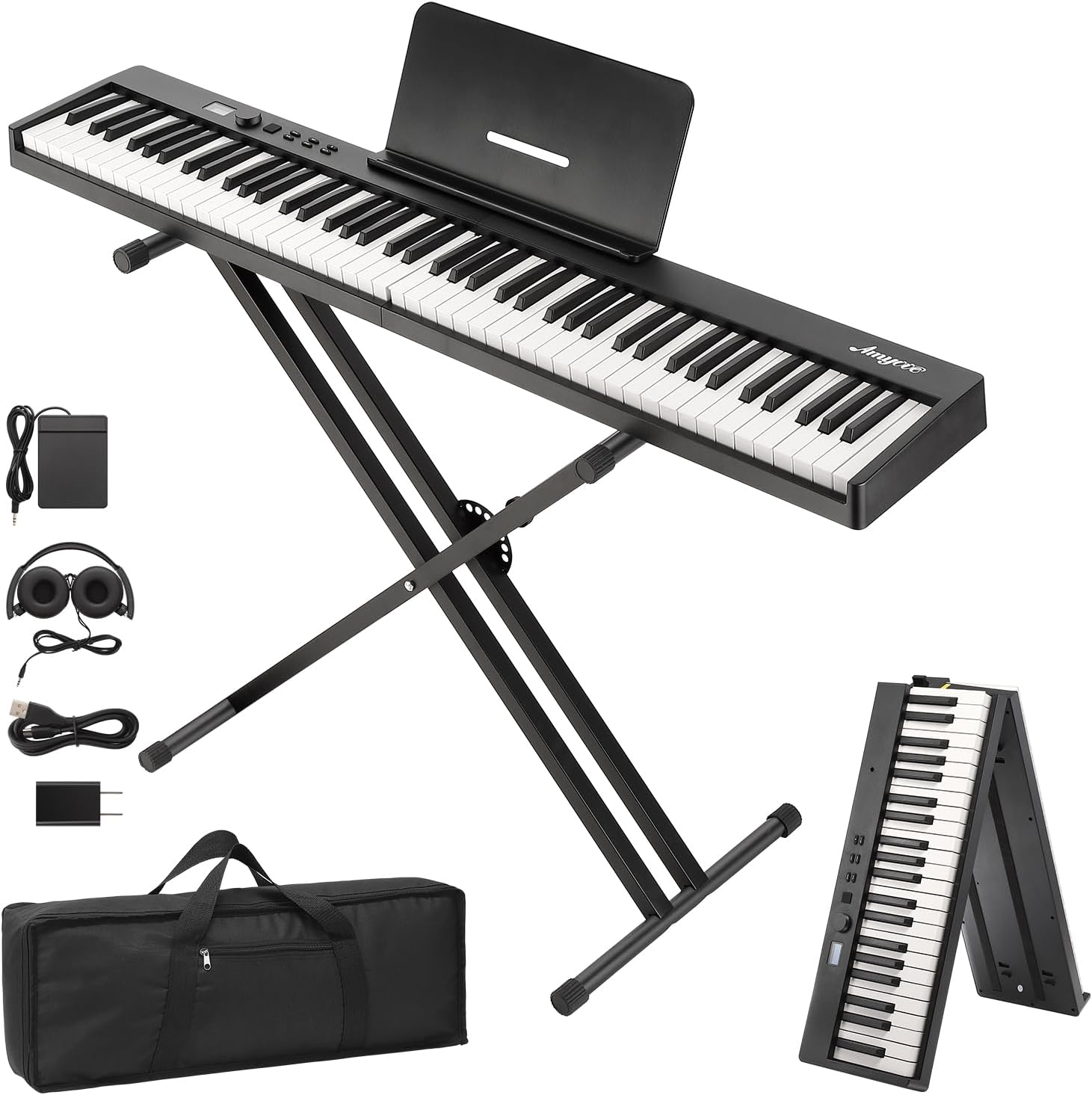 GarveeHome 88-Key Foldable Piano Keyboard - Semi-Weighted Keyboard with Stand, Pedal & Headphones - Bluetooth/USB MIDI Portable Digital Piano for Adult Beginners
