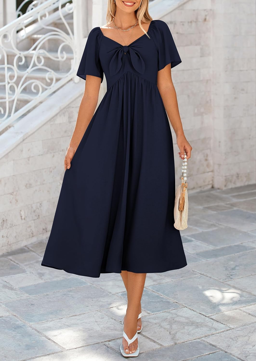 PRETTYGARDEN Summer Dress for Women 2026 Casual Short Sleeve Bow Tie V Neck Ruffle Midi Flowy Dresses